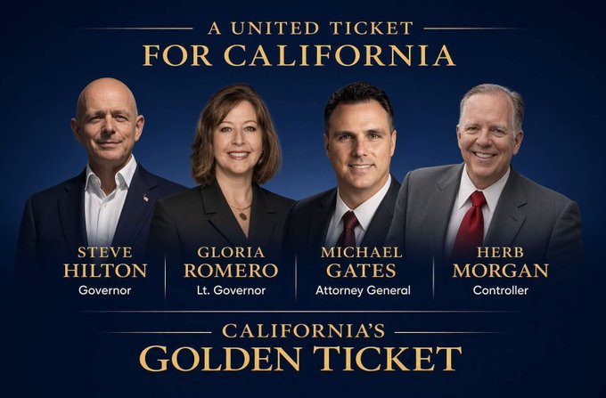 KalaniTheGreat's tweet photo. California Residents. This is our Golden Ticket.

Do you want change and prosperity for California?

Vote for Steve Hilton. Vote Gloria Romero, Vote Michael E. Gates. Vote Herb Morgan. 

Make your Vote Count. https://t.co/e4fLTDF4es
