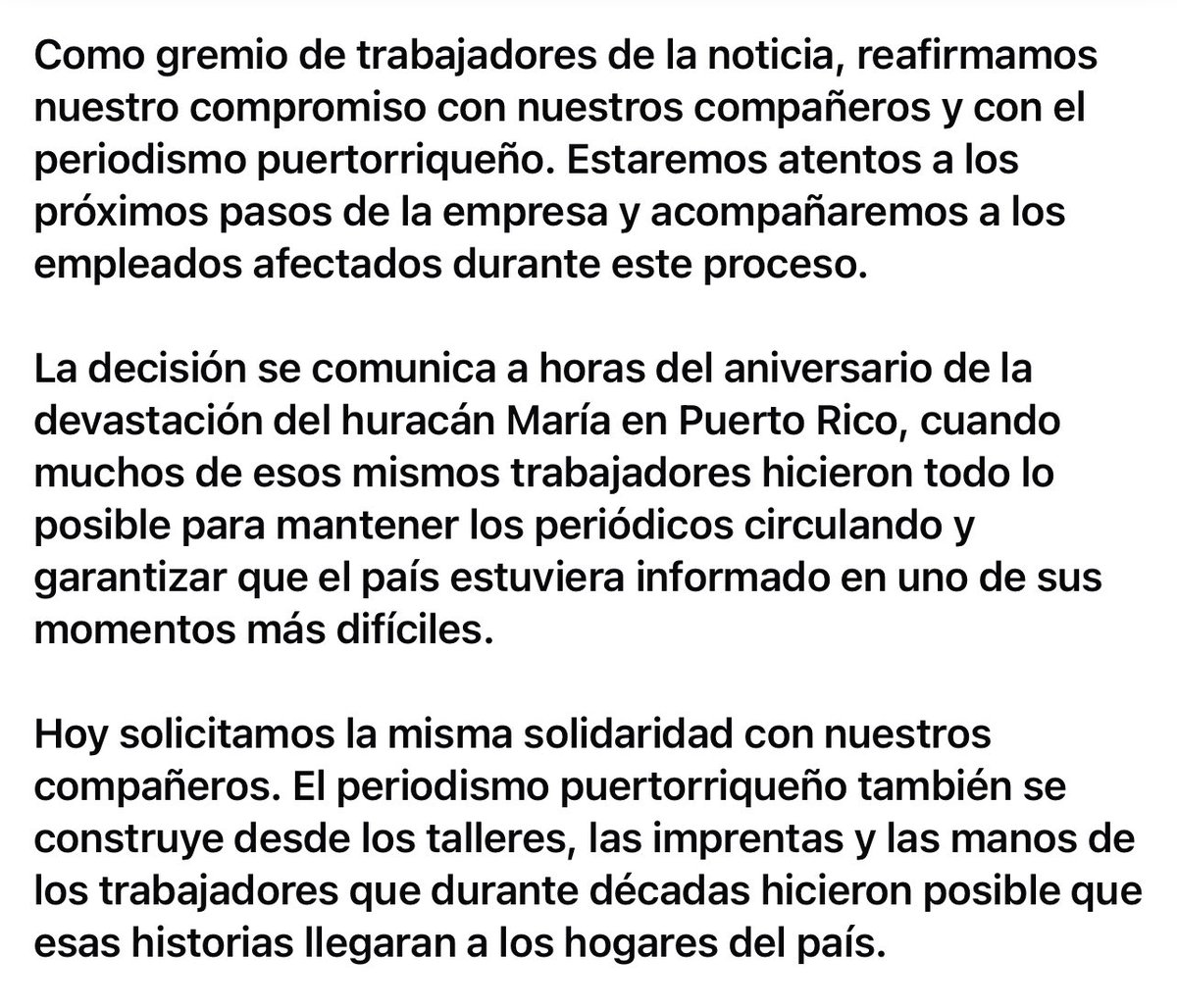 RobbyCortes's tweet photo. Mi solidaridad con los colegas cesanteados por @GFRMedia, quienes anunciaron ayer el cese de las ediciones impresas de @ElNuevoDia y @primerahora, efectivo este lunes, pero en su extenso comunicado de prensa no dijeron nada sobre los despidos masivos que realizaron. #PuertoRico https://t.co/OphtT0HE97