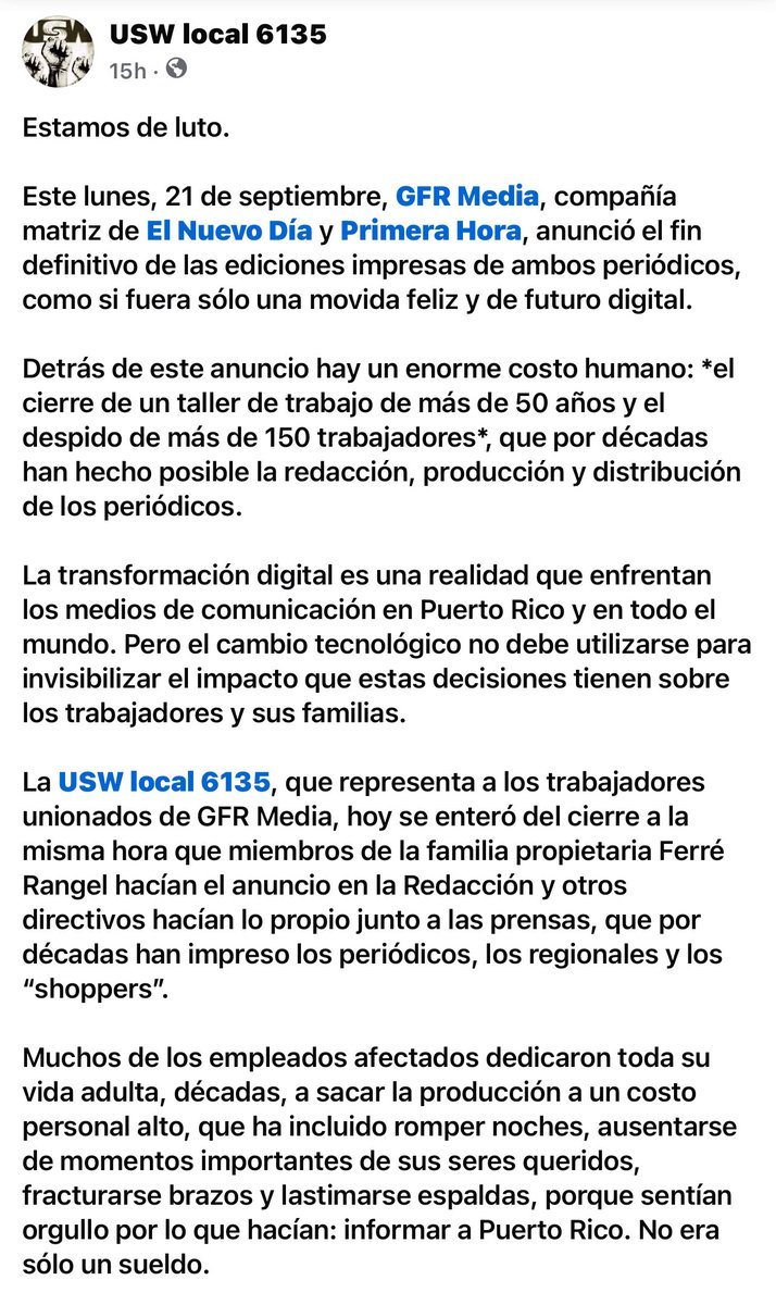 RobbyCortes's tweet photo. Mi solidaridad con los colegas cesanteados por @GFRMedia, quienes anunciaron ayer el cese de las ediciones impresas de @ElNuevoDia y @primerahora, efectivo este lunes, pero en su extenso comunicado de prensa no dijeron nada sobre los despidos masivos que realizaron. #PuertoRico https://t.co/OphtT0HE97