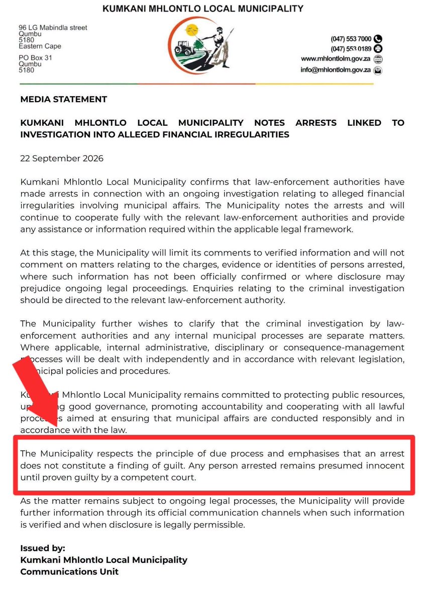 LadyAbahambe's tweet photo. Mhlontlo Municipality has released a statement quickly defending the arrested Municipal officials.

Mhlontlo Municipality emphasizes that these arrest don't mean guilt.

Mhlontlo Municipality further tells us they will not disclose who exactly was arrested.

Unfortunately for Mhlontlo Municipality leadership, we already know that the Municipal Manager was amongst those officials arrested for stealing R2 million from Mhlontlo Municipality.

And we already know that they stole this R2 million through a ghost workers scheme where even school children's details were used to pretend they were employees, then these salaries were transferred to bank accounts that the Municipal Manager has access to.

Mhlontlo Municipality leadership can't fool us
By:#BaasKruger