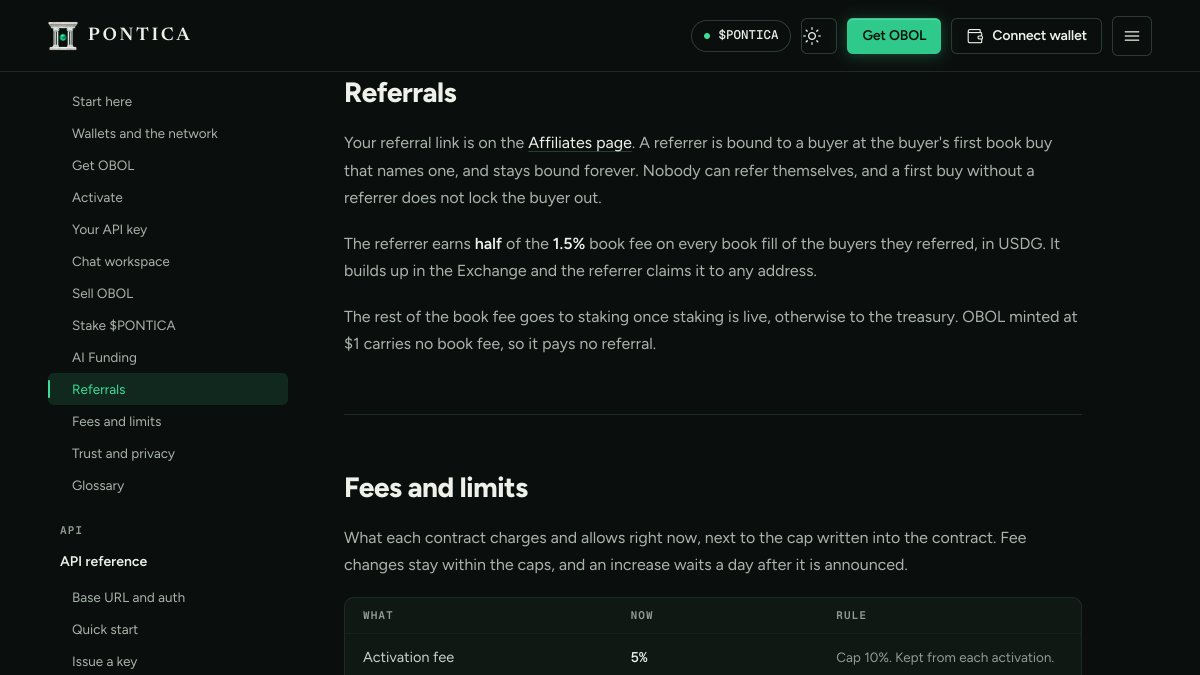 TryPontica's tweet photo. How a Pontica referral works under the hood.

A referrer is bound at the buyer's first book buy that names one, and stays bound. A first buy without a link does not lock anyone out. OBOL minted at $1 carries no book fee, so only book fills pay.

https://t.co/YViIzsPeBg https://t.co/NxNhFsLxYG