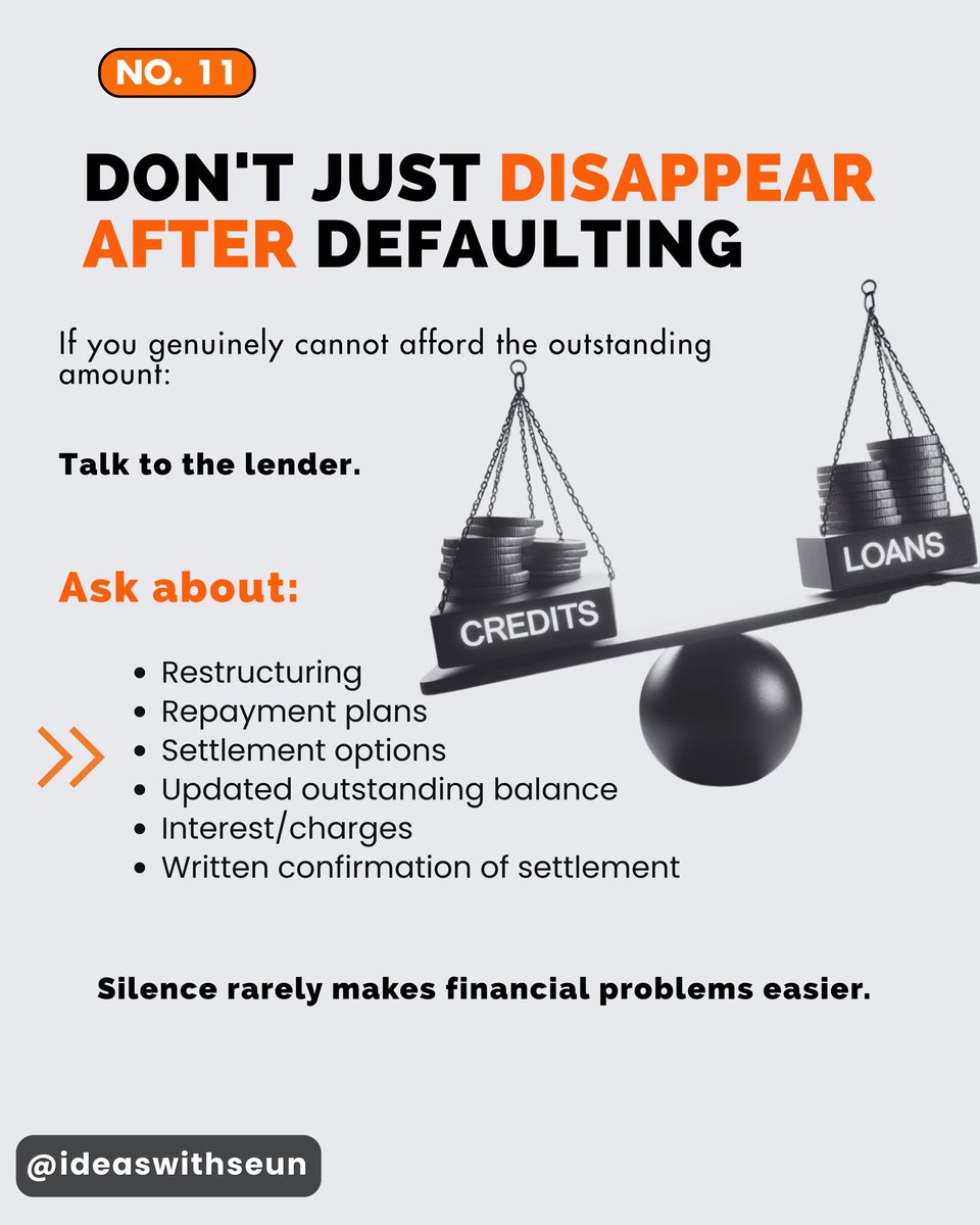 IdeasWithSeun's tweet photo. And most importantly:

Get documentation.

If you settle or restructure the debt, keep evidence of the arrangement and obtain the appropriate confirmation from the lender. https://t.co/LDZL6DAJU0