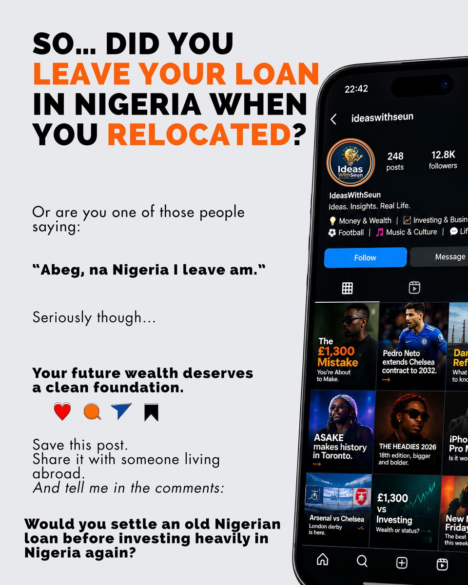 IdeasWithSeun's tweet photo. Moving abroad can be a fresh start.

But don't carry old financial obligations into your new chapter without

understanding them.
Know what you owe. Know your rights. Know your options.

Your future wealth deserves a clean plan. https://t.co/es6MH62Kjm