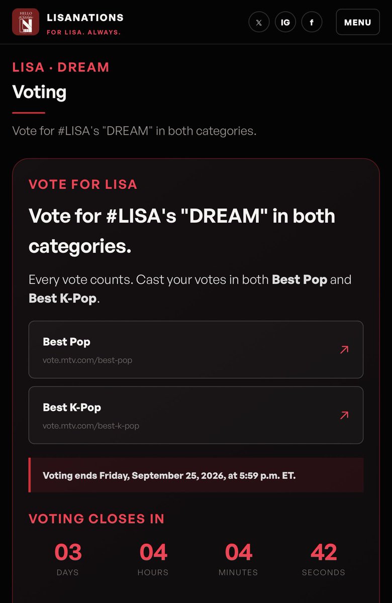 LISANATIONS_'s tweet photo. We only have 3 days left to vote!

We’ve added a countdown timer to our website for easier reference, so you can keep track of the time left and make every vote count! 

🚨 KEEP VOTING LISA! 
BEST POP — https://t.co/zw7gIug7Ca
BEST K-POP — https://t.co/ap8QQHiML0

#LISA #VMAs #VMA2026