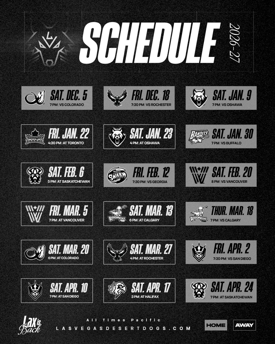 vegasdesertdogs's tweet photo. Your 2026-27 schedule 🗓️
#LaxIsBack | #DefendTheDen https://t.co/plhL1nQqcy