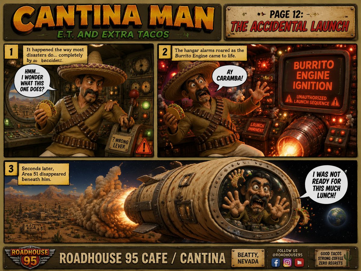 JakeRoadhouse95's tweet photo. 🌮 TACO TUESDAY AT ROADHOUSE 95! 🌮
Heading into or out of Death Valley today? Welcome, Death Valley visitors! Make Roadhouse 95 Cafe & Cantina your Taco Tuesday pit stop. 🌵🚗
Come in, cool off, grab some tacos, and see what’s cooking at the Cantina. And whatever you do, don’t pull the wrong lever. 🚀🌮 Area 51 is close enough already. 😂
📱 Visiting from another country? Our digital menu is available in multiple languages. Just follow the QR code to view the menu right on your phone.
🌮 Taco Tuesday 📍 Roadhouse 95 Cafe / Cantina
🌵 Amargosa Valley • On the road to Death Valley
🕚 Open at 11 AM
Good Tacos. Strong Coffee. Zero Regrets.
#Roadhouse95 #TacoTuesday #DeathValley #DeathValleyNationalPark #AmargosaValley #Nevada #VisitDeathValley #Tacos #CantinaMan