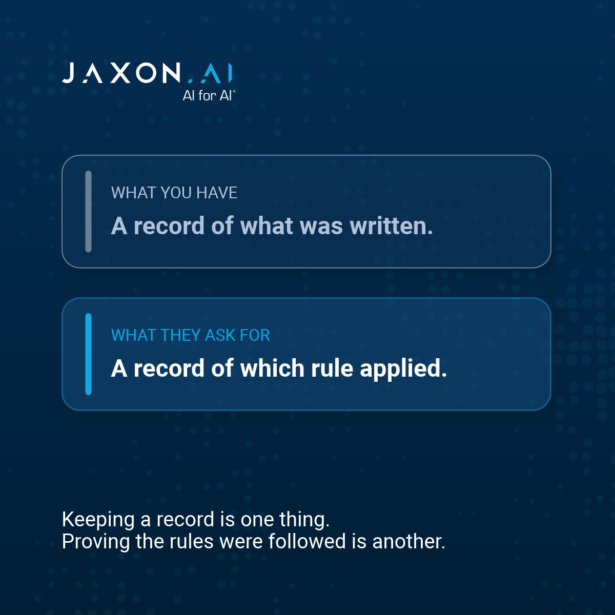 trustjaxon's tweet photo. FINRA's 2026 report says its rules are technology-neutral: supervision and recordkeeping apply whether a person or a model did the work. A log proves the text existed. It doesn’t prove the rules were followed.

#jaxonai #trustworthyai #aicompliance https://t.co/qGlVxR0bfE
