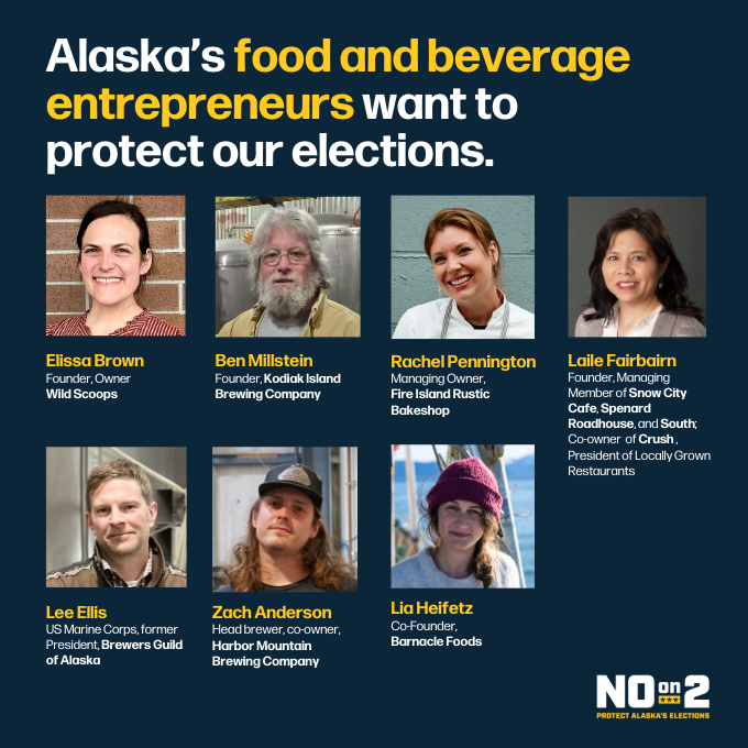 ProtectAK's tweet photo. Alaska’s food and beverage entrepreneurs know quality. They’re voting No on 2 to keep our elections working for Alaskans. https://t.co/dlJmJjVRZ9