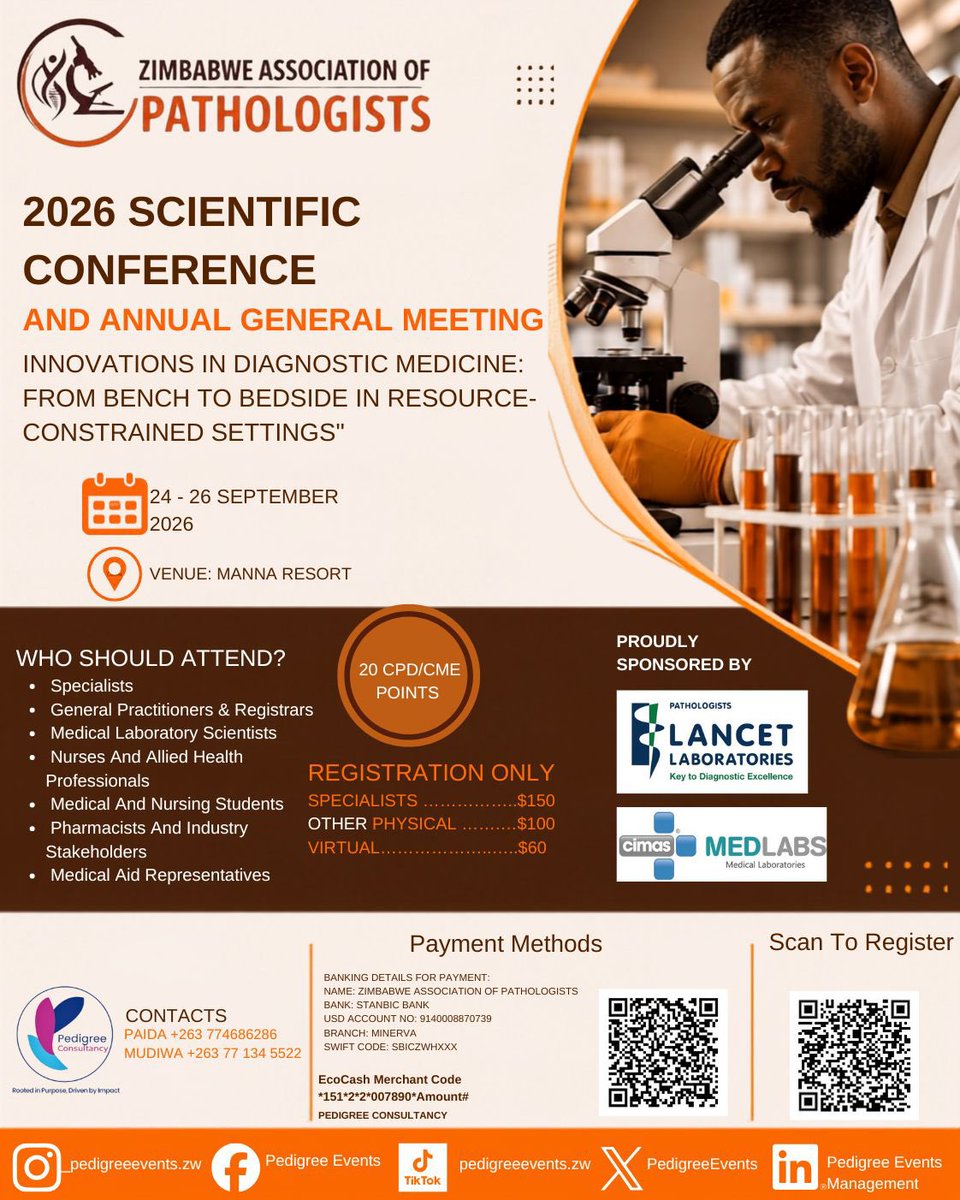 PedigreeEventss's tweet photo. 🚨 THE WAIT IS OVER!

The #ZAP2026 Scientific Conference &amp; AGM is here!

📅 24–26 Sept 2026
📍 Manna Resort
🎓 20 CPD/CME Points

Theme: Innovations in Diagnostic Medicine: From Bench to Bedside in Resource-Constrained Settings.

Register: https://t.co/e5diKdCOxI https://t.co/9I0t4k1MLB
