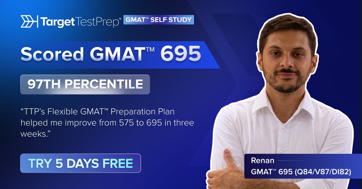 TargetTestPrep's tweet photo. What makes Target Test Prep a leader in GMAT™ prep? Our course combines time-tested teaching methods with cutting-edge technology and innovative learning science to make achieving impressive test scores possible for students of all levels!

Take Target Test Prep student Renan, who scored 695 (Q84/V87/DI82) on the GMAT™. “TTP’s Flexible GMAT™ Preparation Plan helped me improve from 575 to 695 in three weeks," he said.

Students of all levels are achieving outstanding scores on the GMAT™ after using Target Test Prep. Our revolutionary online course takes the guesswork out of your GMAT™ prep and makes studying simple and fun!

👉 Join Renan and over 200,000 students worldwide who have used #TargetTestPrep to score high on the GMAT™. Start your 5-day trial of the TTP GMAT™ course today for FREE! https://t.co/FhVWk42bib

#GMAT #GMAT695 #MBAAdmissions #MBA #GMATPrep #GMATTips #GMATStrategies #TargetTestPrep #TTP #PrepareWithTheBestRockTheTest