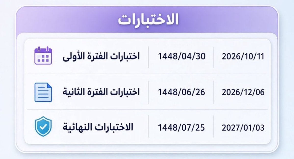 Areejohil's tweet photo. عاجل:

اعتماد مواعيد الاختبارات الفترية والنهائية للفصل الدراسي الأول 1448هـ. https://t.co/LGTi4c7Sjf