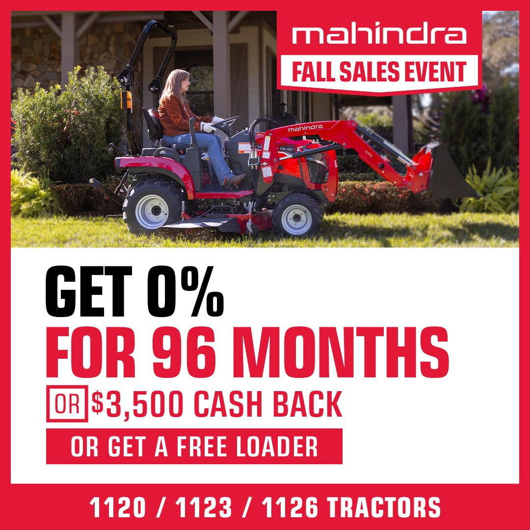 beartoothmhndra's tweet photo. Mahindra's Fall Sales Event is here! Save big on the tractor you need. Get 0% for 96 months or up to $3,500 cash back on the 1100 series. Call us today at  (406) 252-2888 to learn more!
.
.
.
#MahindraTractors #Mahindra #Farming #AgEquipment #Focused #TrendingNow https://t.co/Kr3I10TsAV