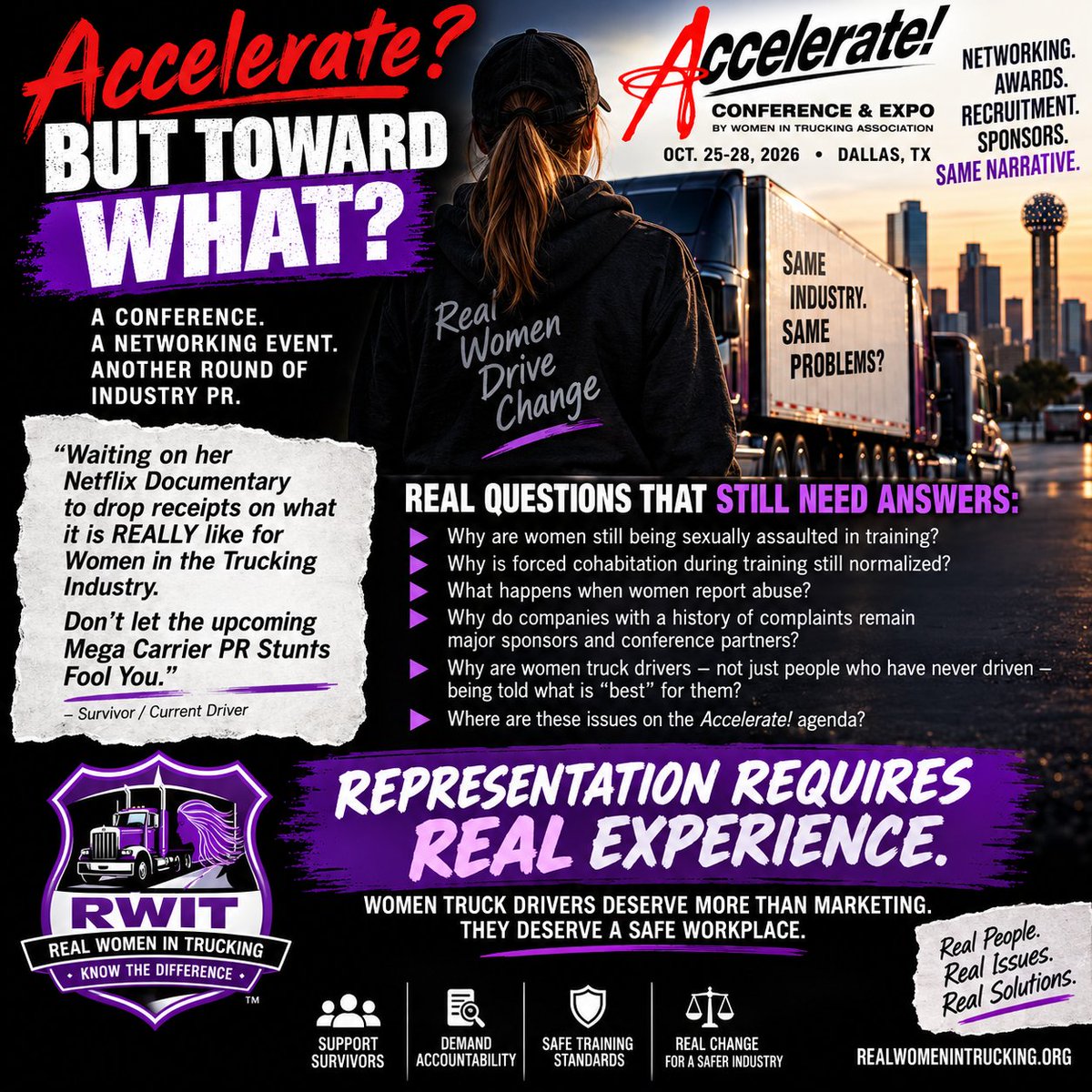 WomenTruckers's tweet photo. WHO GETS TO SPEAK FOR
WOMEN TRUCK DRIVERS?
A MALE MARKETING STRATEGIST?
OR THE WOMEN WHO LIVE IN THE WORKPLACE HE PROMOTES?
Women truck driver trainees:
SLEEP in this workplace.
TRAIN in this workplace.
WORK in this workplace.
EXPERIENCE its risks.
Know the Difference
#wit2026 https://t.co/NN7DJTo6Do