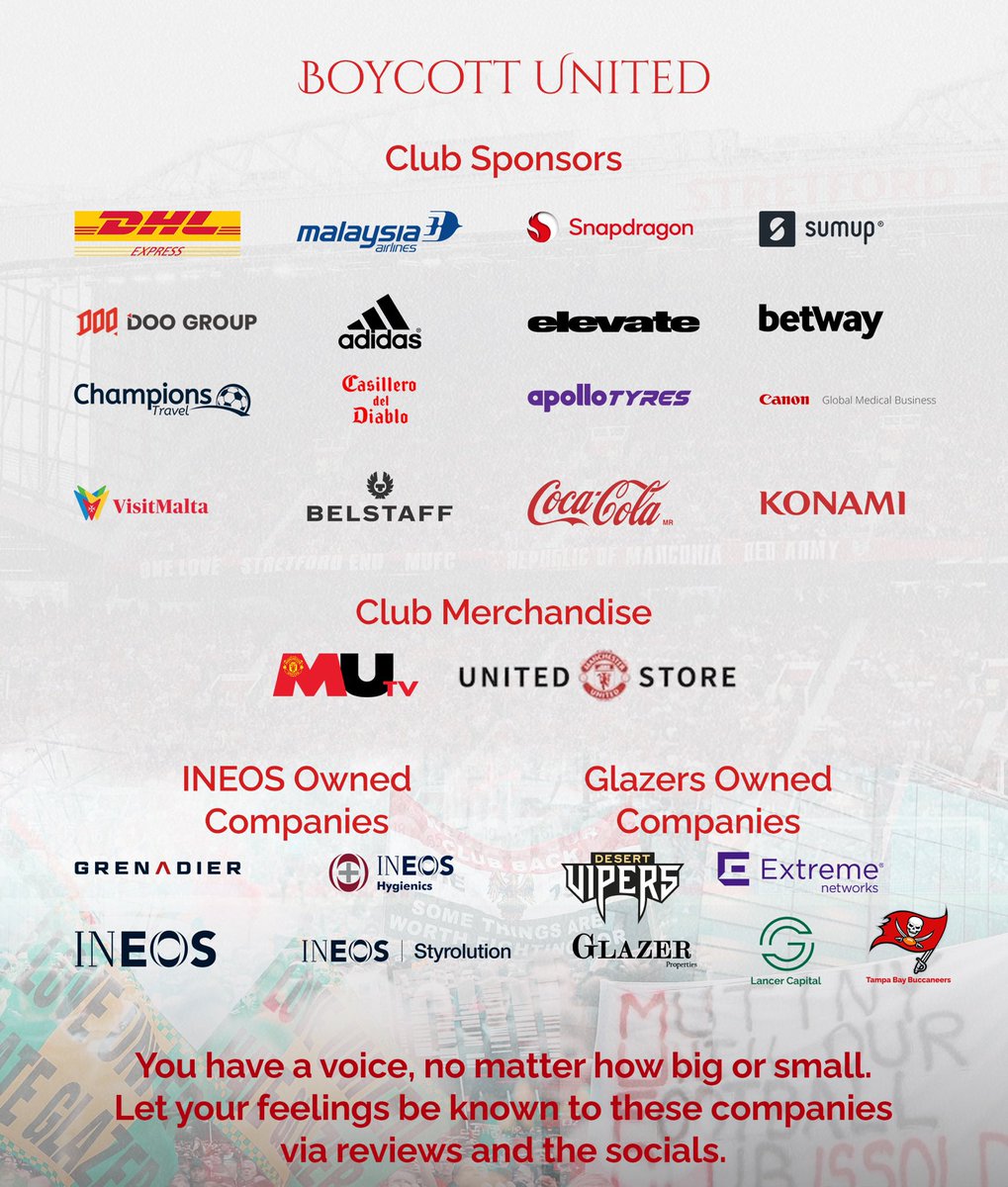 MarcoAlcaraz_'s tweet photo. Enough. Is. Enough. #BoycottUnited

Manchester United’s commercial partners need to understand exactly what their money is supporting. Fans have been clear for years: the club’s leadership and decision‑makers are failing the standards expected of an elite institution. Sponsors cannot keep cashing in on the #MUFC badge while ignoring the damage being done to the club’s culture, ambition and connection with supporters.

I’ll be attaching two images listing every sponsor and partner, along with their public contact channels. Use them. Leave honest reviews. Send feedback. Let these businesses know exactly how supporters feel about the direction of the club and the people running it.

Your voice matters. Make it heard.

#BoycottUnited