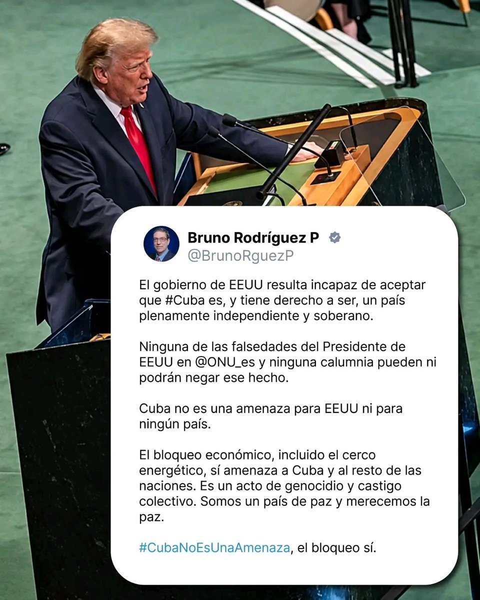 XeniaLpez7's tweet photo. "...Cuba no es una amenaza para EEUU ni para ningún país.

El bloqueo económico, incluido el cerco energético, sí amenaza a Cuba y al resto de las naciones. Es un acto de genocidio y castigo colectivo. Somos un país de paz y merecemos la paz.

#CubaNoEsUnaAmenaza, el bloqueo sí. https://t.co/XZZRClCTR2