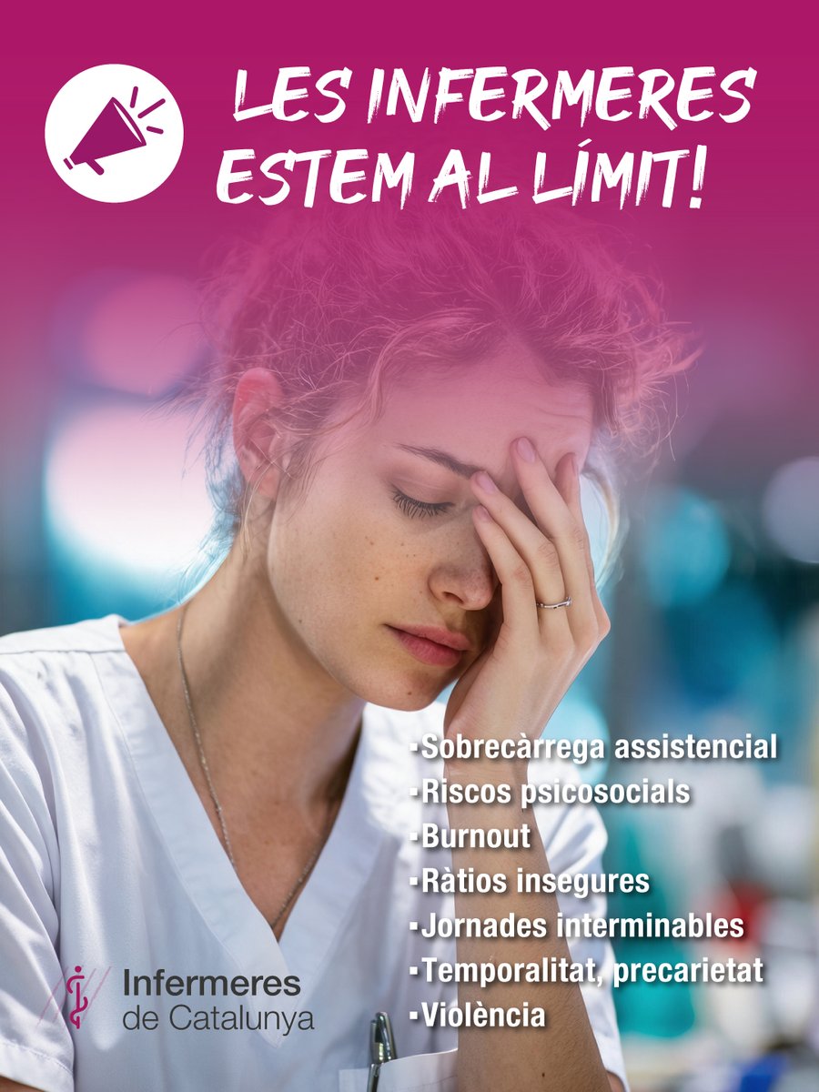 CatInfermeres's tweet photo. 🚨 LES INFERMERES ESTEM AL LÍMIT 

Cada vegada més infermeres abandonen la professió o marxen a altres països buscant unes condicions laborals dignes. La manca d'infermeres ja és una amenaça real per a la qualitat assistencial i per a la seguretat dels pacients.

Però... per què marxen?
❌ Sobrecàrrega assistencial constant.
❌ Riscos psicosocials cada cop més greus.
❌ Burnout i esgotament emocional.
❌ Plantilles insuficients i ràtios insegures.
❌ Jornades interminables i manca de conciliació familiar.
❌ Temporalitat, precarietat i manca de reconeixement professional.
❌ Violència, conflictes i falta de lideratge en molts equips.

Les infermeres no marxem per falta de vocació. Marxem perquè ens expulsen.

Si volem retenir el talent, cal actuar ara.

📢 Exigim: 
✅ Més infermeres i ràtios segures.
✅ Mesures efectives per prevenir els riscos psicosocials. 
✅ Accions reals contra el burnout. 
✅ Conciliació familiar i laboral. 
✅ Estabilitat laboral i desenvolupament professional.
✅ Reconeixement de les competències i de la professió.

Perquè cuidar les infermeres és cuidar tota la societat.

Volem mesures.
Volem condicions dignes. 
Volem una sanitat pública que també cuidi qui cuida.

#infermeresdecatalunya #dretslaborals #condicionslaboral