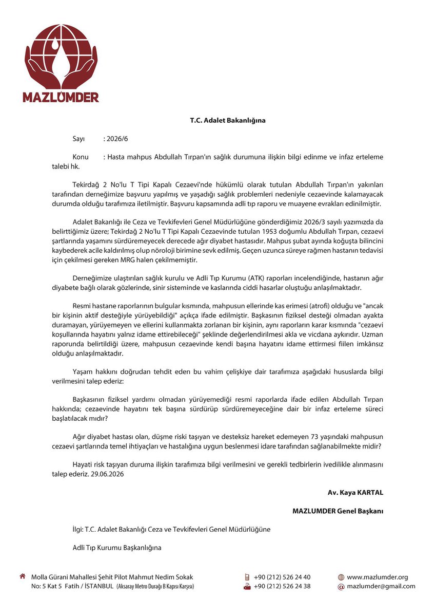 odakdunyam's tweet photo. Ağır hasta mahpus Abdullah Tırpan (73) hakkında tahliye başvurusunda bulunan @mazlumder :

“Sağlık kurulu ve Adli Tıp Kurumu raporları incelendiğinde, hastanın ağır
diyabete bağlı olarak gözlerinde, sinir sisteminde ve kaslarında ciddi hasarlar oluştuğu anlaşılmaktadır.”

AbdullahTırpan