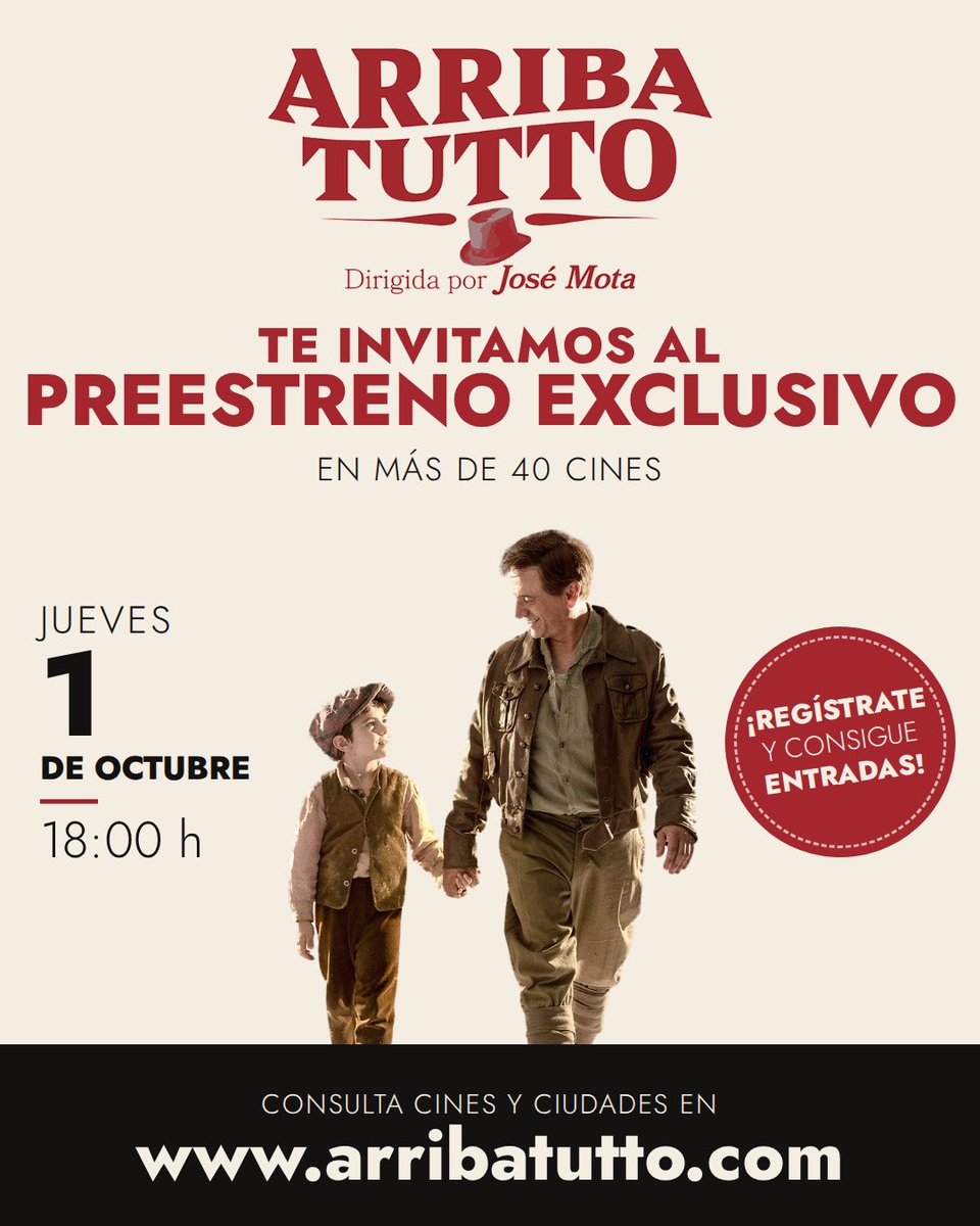 acontrafilms's tweet photo. 🎩 Antes de llegar a cines, os invitamos al preestreno exclusivo de ARRIBA TUTTO el jueves 1 de octubre a las 18h, en +40 cines de España. Regístrate en https://t.co/Df3hWeIyBC y consigue dos entradas para verla. Plazas limitadas, sujetas a aforo. #ArribaTutto https://t.co/r8kGOnnt61