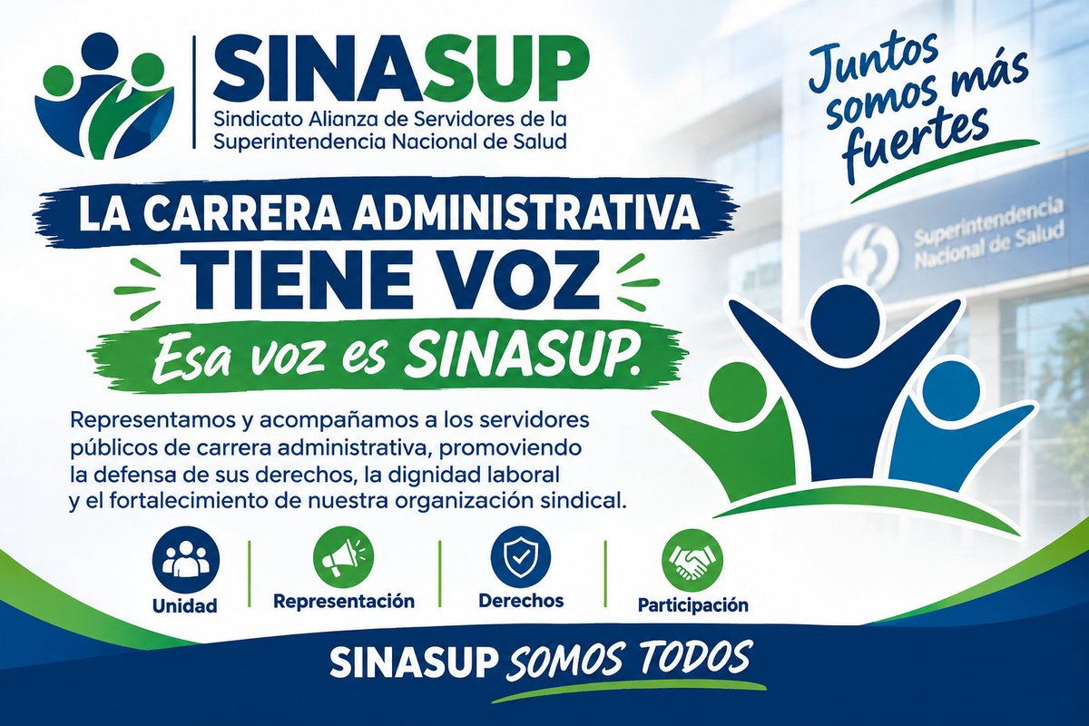SINASUP's tweet photo. 💙💚 ¡SINASUP, el sindicato de carrera administrativa! 💚💙

Somos una organización que representa y acompaña a los servidores de carrera administrativa de la Superintendencia Nacional de Salud.

🤝  Porque cuando estamos unidos, nuestra voz se escucha más fuerte. https://t.co/IrmuLc9Yww