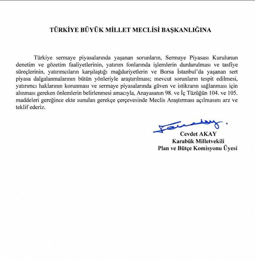 fonunmagdurlari's tweet photo. RESMİLEŞTİ: TBMM'YE FON MAĞDURLARI VE SERMAYE PİYASASI İHLALLERİ İÇİN MECLİS ARAŞTIRMA ÖNERGESİ VERİLDİ!

Platformumuz üzerinden başlattığımız kamuoyu mücadelesi ve milletvekillerine gönderdiğimiz dosyalar somut yasama faaliyetine dönüştü.

TBMM Plan ve Bütçe Komisyonu Üyesi ve Karabük Milletvekili Sayın Cevdet Akay (@cevdetakaychp); Anayasa'nın 98. ve TBMM İçtüzüğü'nün 104 ve 105. maddeleri uyarınca fon mağduriyetlerinin araştırılması amacıyla Türkiye Büyük Millet Meclisi Başkanlığı'na resmi Meclis Araştırma Önergesi sunmuştur.

Önergede Açıkça Yer Alan Hususlar:

Sermaye Piyasası Kurulu'nun (SPK) denetim ve gözetim faaliyetlerindeki eksikliklerin araştırılması,
Yatırım fonlarında işlemlerin aniden durdurulması ve tasfiye süreçlerinin tüm boyutlarıyla incelenmesi,
Yatırımcıların karşılaştığı emir iptalleri ve maddi kayıpların tespit edilmesi,
Borsa İstanbul'da yaşanan sert dalgalanmaların ve usulsüz fon işlemlerinin araştırılarak sermaye piyasalarında güvenin yeniden tesis edilmesi.
Bu önerge; sorumluluğu birbirine atan Takasbank, TEFAS, aracı kurumlar ve portföy şirketlerinin Meclis Araştırma Komisyonu önünde ifadeye çağrılmasının ve tüm sistem loglarının incelenmesinin resmi kapısını açmıştır.

Mücadelemizi sonuna kadar sürdüreceğiz. Milletvekillerine mail atmaya ve TBMM E-Dilekçe'ye imza vermeye devam edelim: 
https://t.co/SFyGimiu7d

Sayın @cevdetakaychp'a yarım milyonu aşkın tasarruf sahibi adına teşekkür ederiz.

#FonMağdurları #TERA #THF #TLY #TP2 #DOH #Takasbank #SPK #BIST #TBMM @spkgovtr @HMBakanligi @memetsimsek  @tbmmresmi