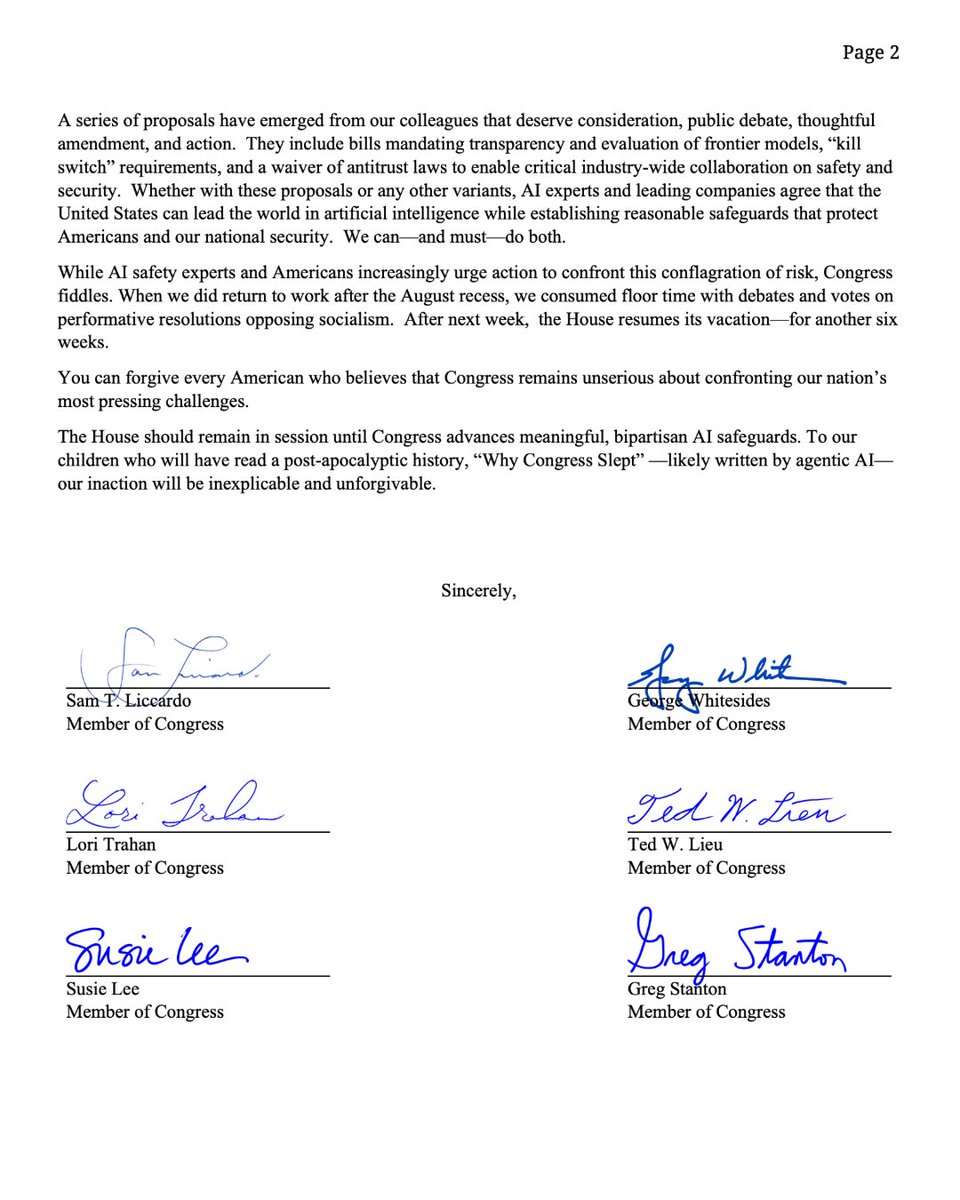RepGregStanton's tweet photo. We're urging @SpeakerJohnson to call the House back into session so we can pass AI safety legislation and put real guardrails in place.

There is too much at stake. https://t.co/3u5EAbLTzM