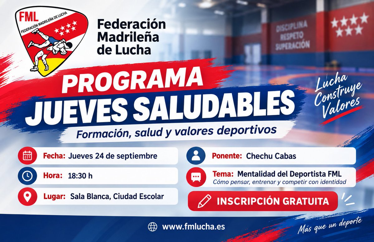 fmlucha's tweet photo. 📢 JUEVES SALUDABLES – FML

🧠 Primera sesión: “Mentalidad del Deportista FML: cómo pensar, entrenar y competir con identidad”

📅 24 septiembre
🕡 18:30–20:00 h
📍 Sala Blanca – C.E. Ciudad Escolar
🎤 Chechu Cabas
✅ Actividad gratuita

#fmlucha #JuevesSaludables https://t.co/b7R95GhX4B