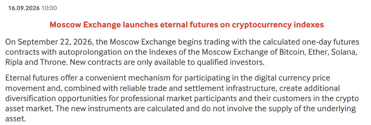 Crypto_Briefing's tweet photo. 🇷🇺 NEW: Moscow Exchange launches perpetual futures tied to Bitcoin, Ether, Solana, XRP and Tron for qualified investors in Russia.

The contracts are quoted in US dollars, settled in rubles and automatically roll each day. https://t.co/BEJfi2Rge0