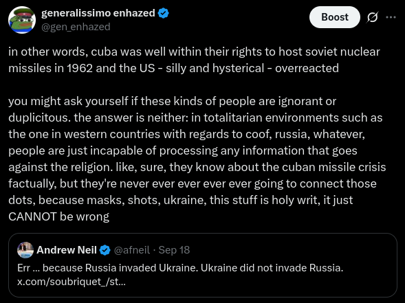 gen_enhazed's tweet photo. yet somehow, for these people, cancelling elections in romania when georgescu is about to win is normal, arresting him later is normal, arresting all opposition parties in moldova and armenia is simply "defending democracy", not allowing diaspora living in russia to vote in moldovan elections (which allowing diaspora in other countries to vote) is also defending democracy, ukraine not having elections since 2019 does not prevent it from being a "thriving democracy", magyar banning and jailing fidesz candidates is "saving democracy", georgia passing transparency laws regarding NGO foreign funding sounces (that are modelled on US laws btw) is a "win for putin", etc etc

it's easy to think these people are just liars and propagandists, but the issue is worse: in the totalitarian environment in which they live and to which their brains has been formatted, they are really just incapable of seeing the contradictions