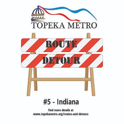 TopekaMetro's tweet photo. 🚧ATTENTION BUS PASSENGERS WHO RIDE #5 Indiana &amp; #7 Washburn routes: Please click the links for the detours for these two routes (recently updated). There is construction with bus stops that are out-of-service. https://t.co/iez8vFqxZF AND https://t.co/eiOgedLnOV. https://t.co/1ACFOQt9qE