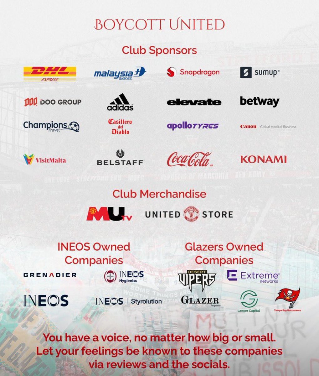SQUnited10's tweet photo. It’s time to unite and hit them where it hurts. Let their sponsors know your REAL feelings. 

#BoycottUnited #GlazersAndINEOSOut https://t.co/dPJ38ZUbxV