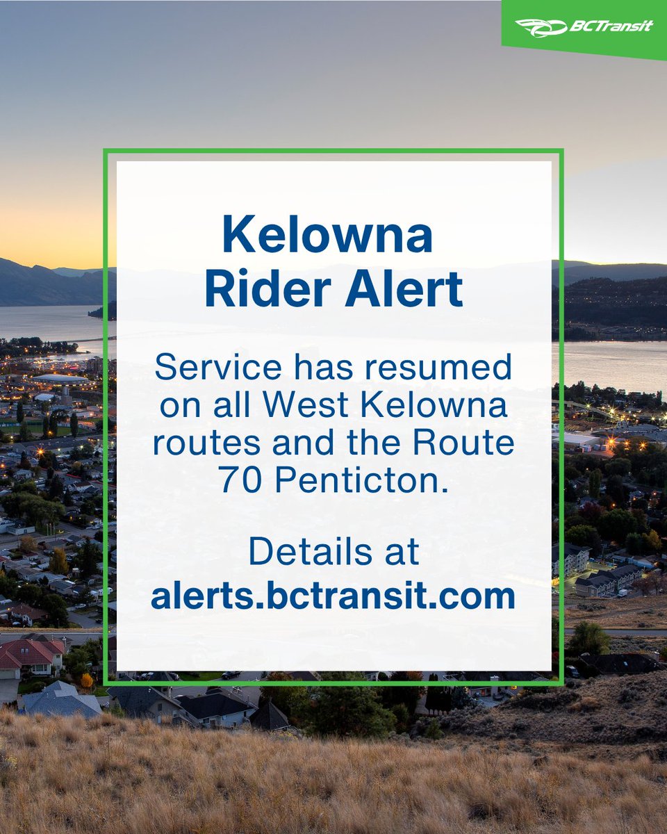 BCTransit's tweet photo. Service has resumed in #Kelowna. For further details and trip planning: https://t.co/Vkz8KtJO3G https://t.co/lRAuq4pXHn