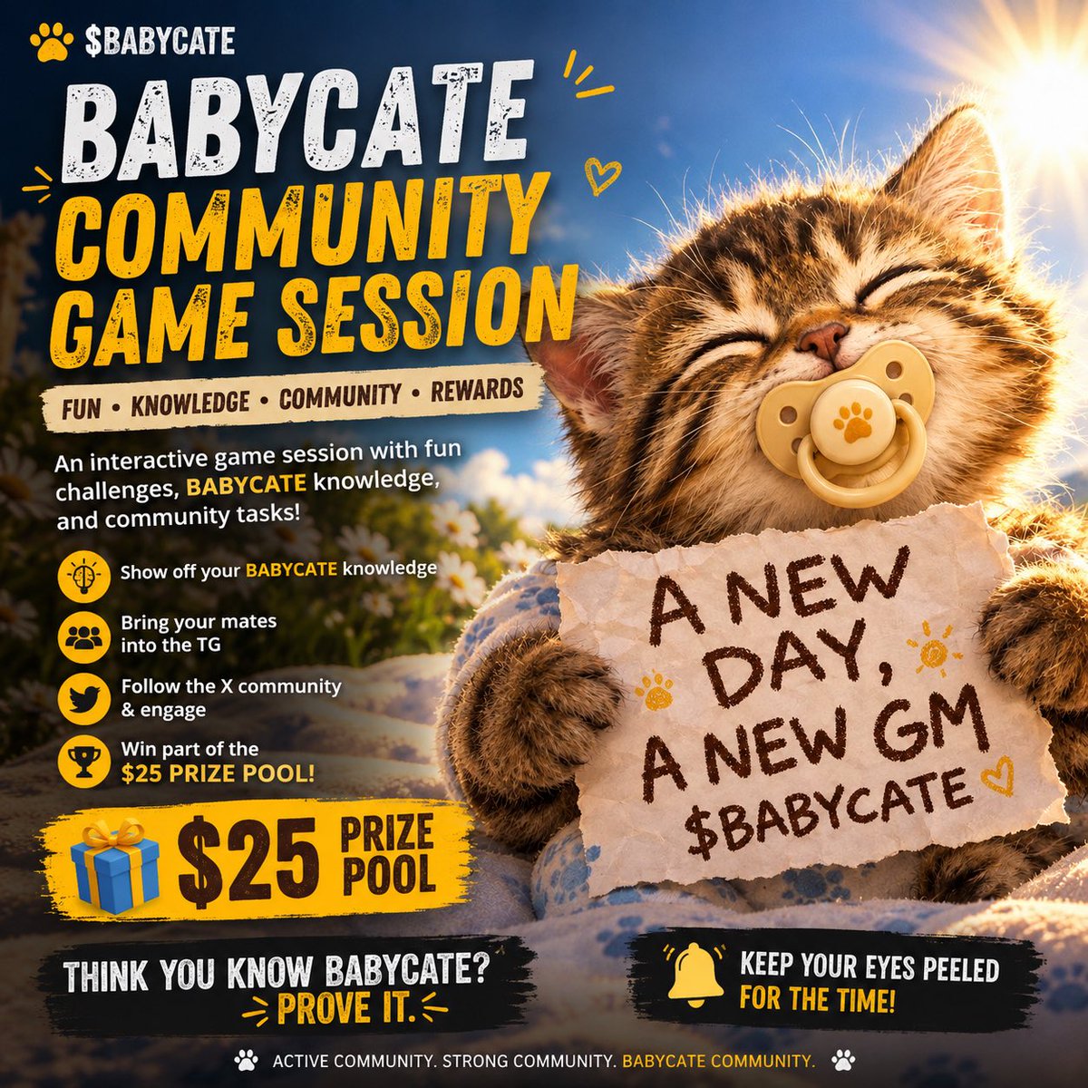 BabyCateStonk's tweet photo. 🧙‍♂️ BABYCATE COMMUNITY GAME SESSION 👀🔥

We’re bringing some proper activity to the community today.

🎮 Interactive game
🏆 $25 prize pool
🧠 BABYCATE knowledge + community challenges
👥 Bring your mates & get involved
🐦 Follow the X community + engage

It won’t just be about answering questions we’ll have different challenges designed to get everyone involved and actually learn more about BABYCATE along the way.

Keep your eyes peeled for the time. 👀

Think you know BABYCATE? Prove it. 🐾🔥

Join our Tg channel to participate :

https://t.co/WS5OHZXRNb