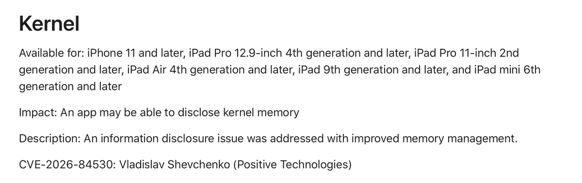 destr4ctt's tweet photo. Finally got around to writing up CVE-2026-84530, which was fixed in the iOS 27 security release

This one is a kernel address leak in AIO subsystem - aio_workq_entry pointer gets left in kqueue metadata and can be read back from userspace

More details:
https://t.co/8qk7WYsiDz https://t.co/KQ4uVdQtBl