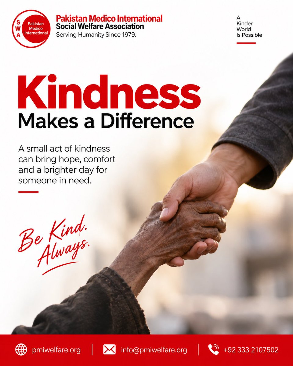 PMISWA1979's tweet photo. Be kind. Always. ❤️

Sometimes, a small act of kindness is all it takes to bring comfort, hope, and a little happiness to someone’s day.

Pakistan Medico International Social Welfare Association
Serving Humanity Since 1979. https://t.co/E2z9GI1Lgh