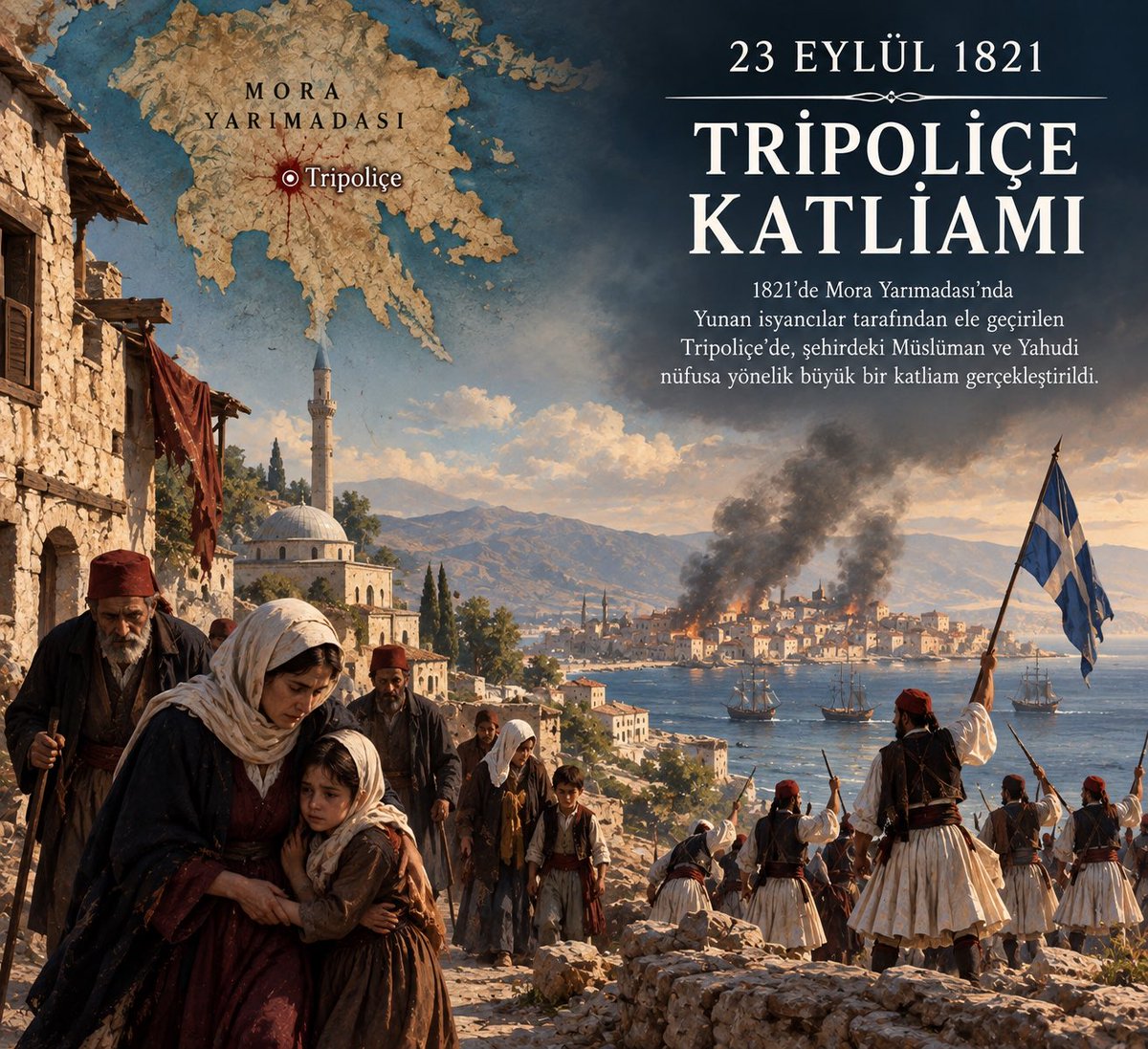 ozanbileyci's tweet photo. Rumeli ve Balkanlar'daki Türk varlığını sistematik bir etnik temizlikle nasıl yok edildiğini gösteren insanlık tarihinin en büyük kitlesel kayıplarından biri olan Tripoliçe Katliamı’nı unutmayın, unutturmayın! https://t.co/Yat4Lhqphi