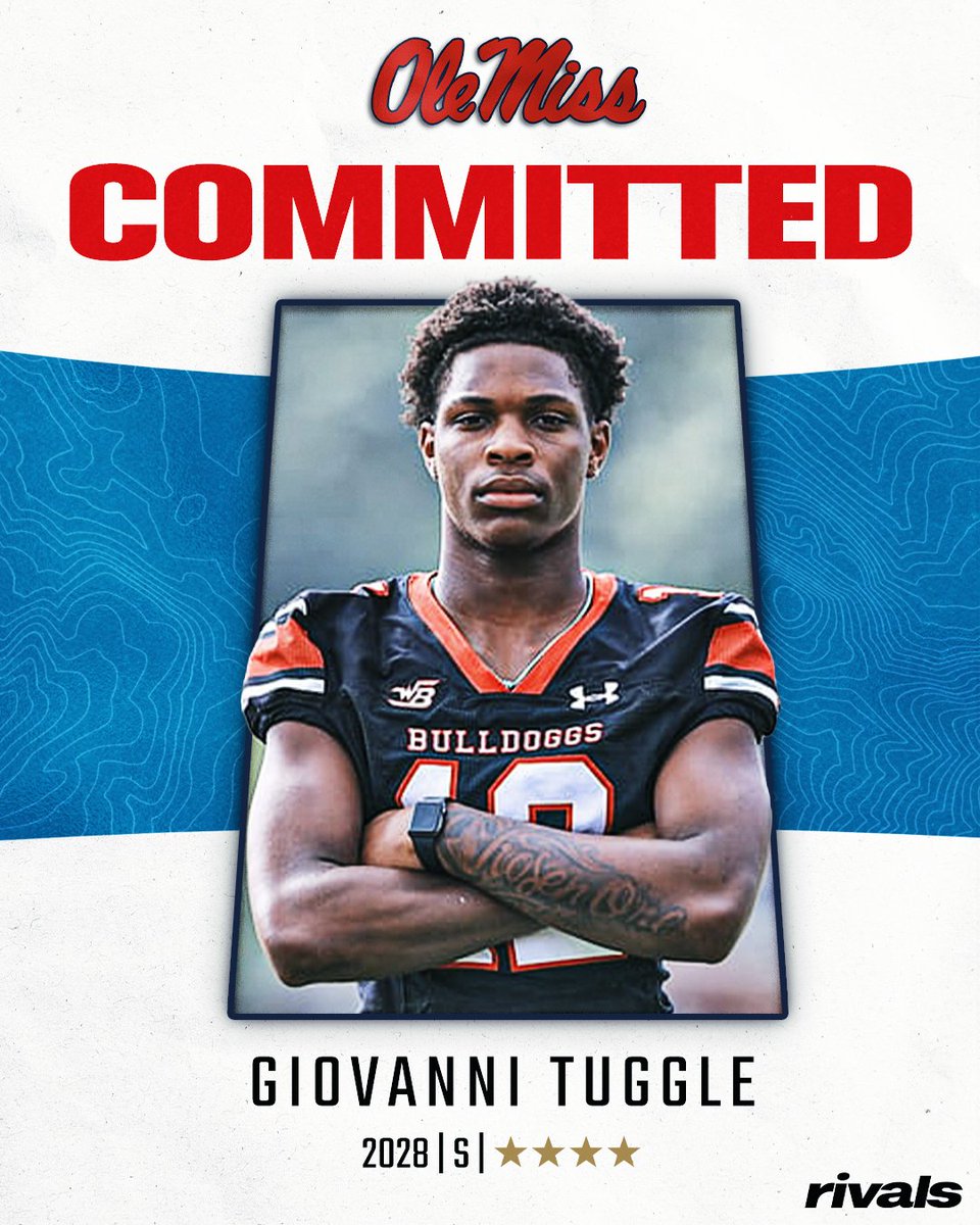 Rivals's tweet photo. 🚨BREAKING🚨 4-star Safety Giovanni Tuggle has committed to Ole Miss, @SWiltfong_ reports🦈

Tuggle is the No. 4 safety in the 2028 class.

Read: https://t.co/QhTMlij039 https://t.co/61QDnrE0C5