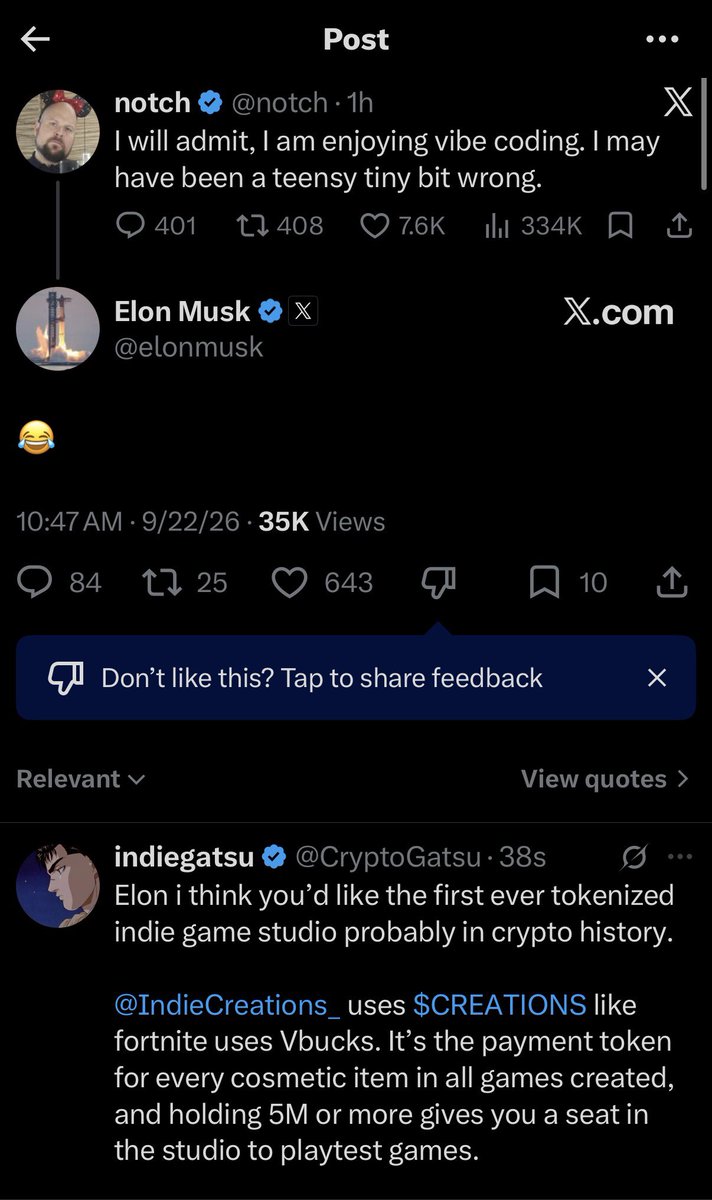 CryptoGatsu's tweet photo. I just shilled $CREATIONS to @elonmusk and @notch so if yall could support the tweet i’d be very appreciative ❤️ https://t.co/M6Cfnox4MY