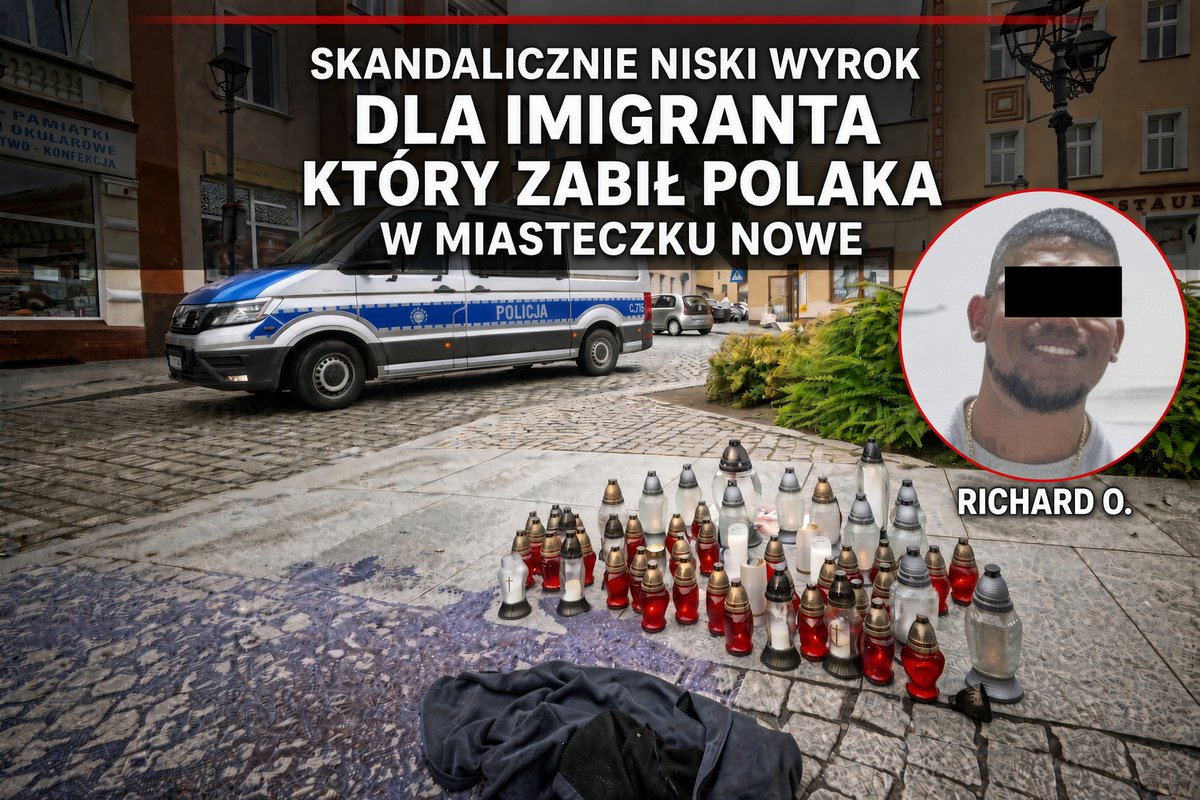 Rafal_Buca's tweet photo. Tylko 8 lat za za morderstwo nożem! Taki wyrok usłyszał imigrant zarobkowy, który zabił Polaka w mieście Nowe❗️

ℹ️Byłem organizatorem protestu kilka godzin po tych wydarzeniach i na bieżąco komentowałem sprawę tutaj: https://t.co/OtV4FdoOhs

Przypominam. W nocy z 5 na 6 lipca 2025 r. na Rynku w Nowem w trakcie bójki z grupą Kolumbijczyków z zakładu mięsnego, 41-letni Grzegorz został śmiertelnie ugodzony nożem. Zmarł na miejscu. Cios zadał legalny migrant zarobkowy Richard O.

Sąd Okręgowy w Bydgoszczy skazał go na 8 lat więzienia i 10 tys. zł zadośćuczynienia dla rodziny. Proces był niejawny. Sąd zastosował nadzwyczajne złagodzenie kary, a uzasadnienie utajniono.

Ta sprawa jest dla mnie szczególnie rażąca, bo to Kociewie - mój rodzinny region i bardzo spokojna okolica. Jednak ten spokój został zburzony, bo ktoś chciał sobie przyoszczędzić i ściągnąć tu masy taniej siły roboczej z krajów trzeciego świata. A po co? Po to, by nie musieć płacić Polakowi kilku złotych więcej za godzinę pracy. 

To niebywały skandal. Przedsiębiorcy ściągający tu takich ludzi, mają krew na rękach! Podobnie jak sądy dające skrajnie niskie wyroki!

Proszę o nagłośnienie tej sprawy🔁