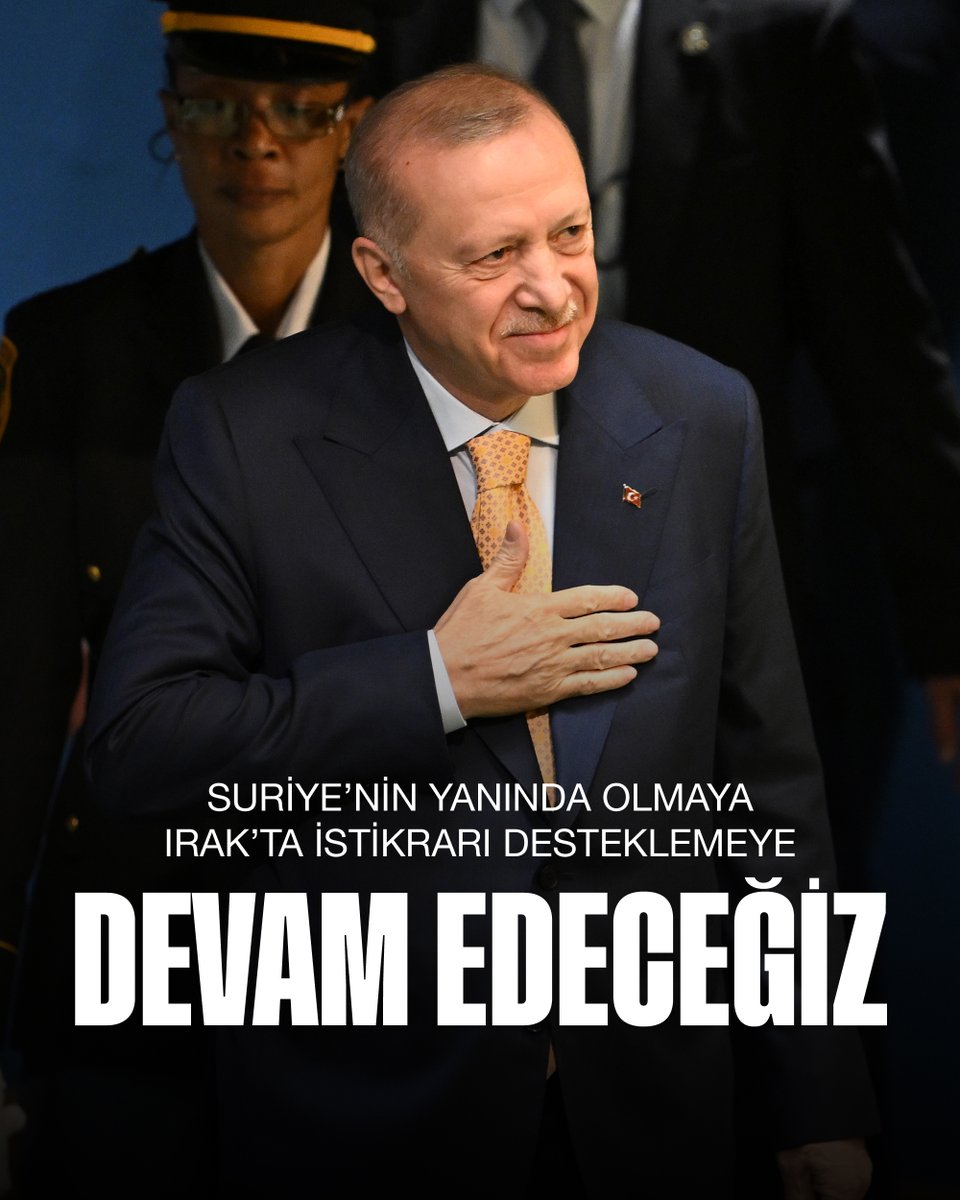 RTErdogan's tweet photo. 14 yıllık zulmün ardından Suriye, 8 Aralık Devrimi’yle birlikte yeni bir yola girdi.
 
Cumhurbaşkanı Şara’nın liderliğinde Suriye’nin, her türlü iç ve dış tahrike rağmen güvenli, huzurlu bir ülke olma hedefine doğru ilerlediğini görüyoruz.
 
Bu yolculuklarında kardeş Suriye halkının yanında olmaya devam edeceğiz.
 
Bir diğer komşumuz Irak’ta devlet otoritesinin güçlendirilmesi ve istikrarın tahkim edilmesi çabalarına desteğimiz tamdır. 
 
Kalkınma Yolu Projesi başta olmak üzere bölgemizin refahını artıracak stratejik ulaştırma ve enerji projelerinde Irak’la iş birliği içinde çalışıyoruz. #UNGA81