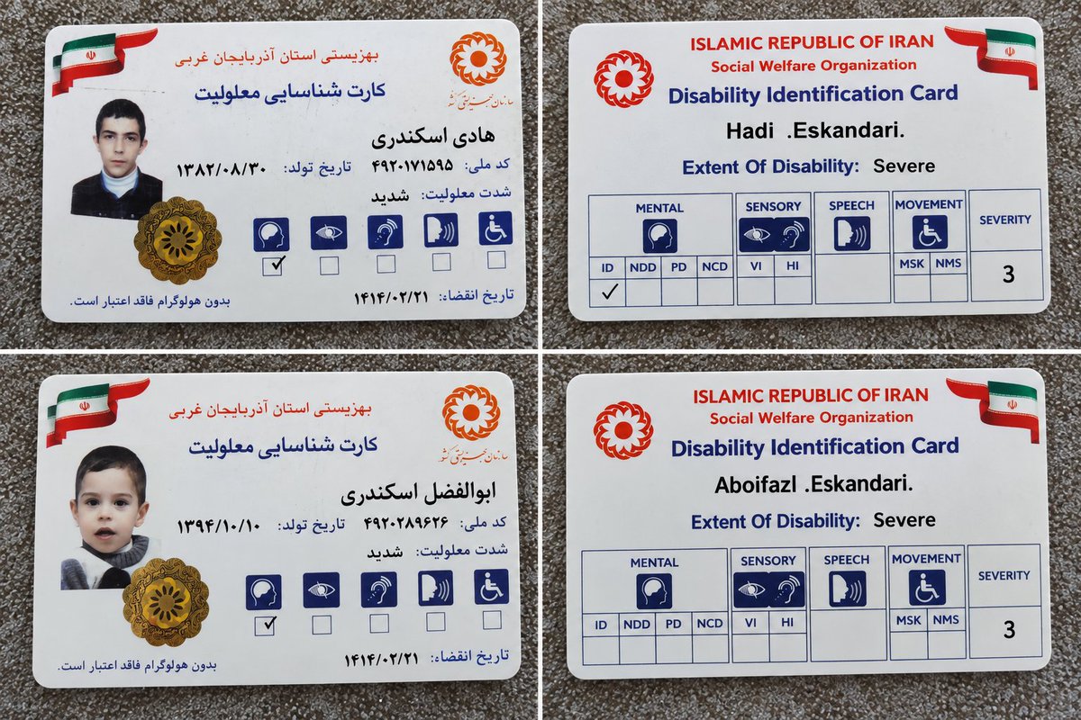mgu9o's tweet photo. These are the official disability identificationcardsissued forAbolfazl and Hadi byIrans Social Welfare Organization Both are officially classified ashaving severe disabilitiesI am sharingthese documents publicly to support andverify the circumstances described in our fundraiser. https://t.co/VHmYDdE3k5