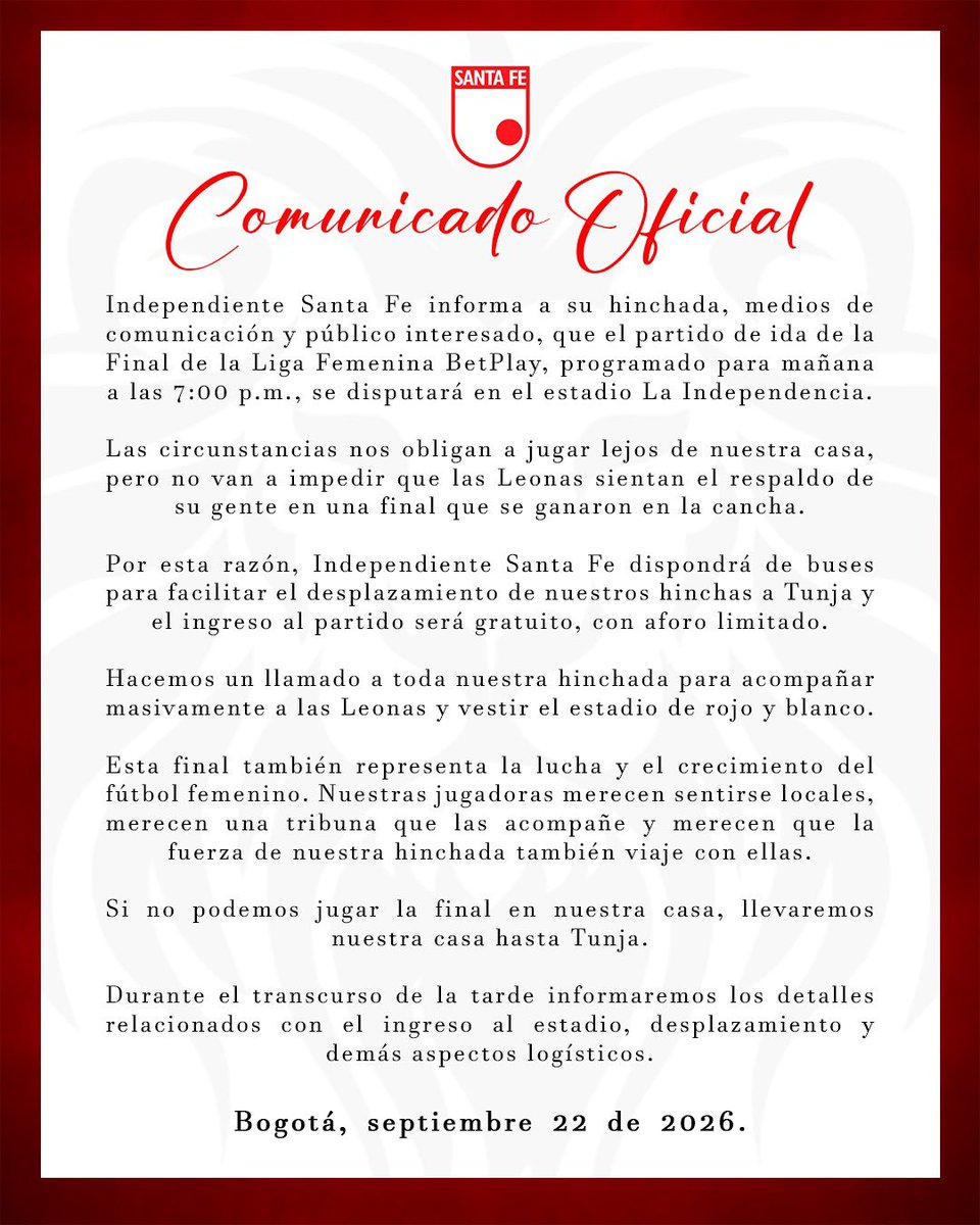 nicocadena_'s tweet photo. 🚨🇮🇩🦁 INDEPENDIENTE SANTA FE DISPONDRÁ BUSES PARA LOS HINCHAS QUE QUIERAN IR A TUNJA Y EL INGRESO SERÁ GRATUITO 

Debido a la negativa de #Sencia para prestar El Campín por trabajos de acondicionamiento para un concierto que será el 2 y 3 de octubre, #SantaFe actuará como local en Tunja para la final ida de la #LigaFemenina 

El club ha hecho oficial que dispondrá de buses para el traslado de los hinchas desde Bogotá hasta Tunja y la entrada será gratuita con aforo limitado.