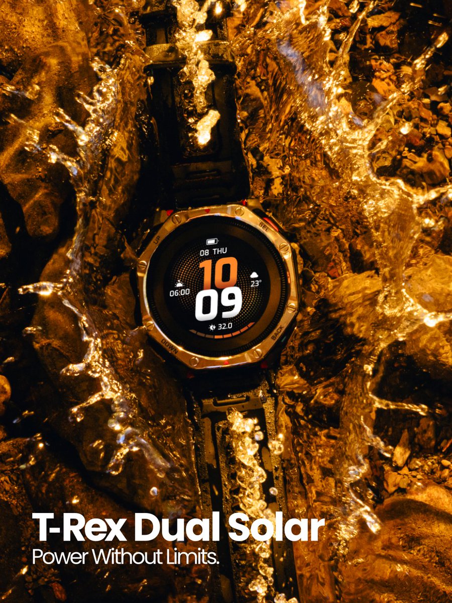 ZeppGlobal's tweet photo. Solar charging isn’t about convenience—it’s having a genuine backup when you’re far from civilization.” — @JostKobusch​
Meet Amazfit T-Rex Dual Solar, the world’s first AMOLED smartwatch with dual-sided solar charging.​
https://t.co/oEcyOdWYTn https://t.co/k4xNuZk48P