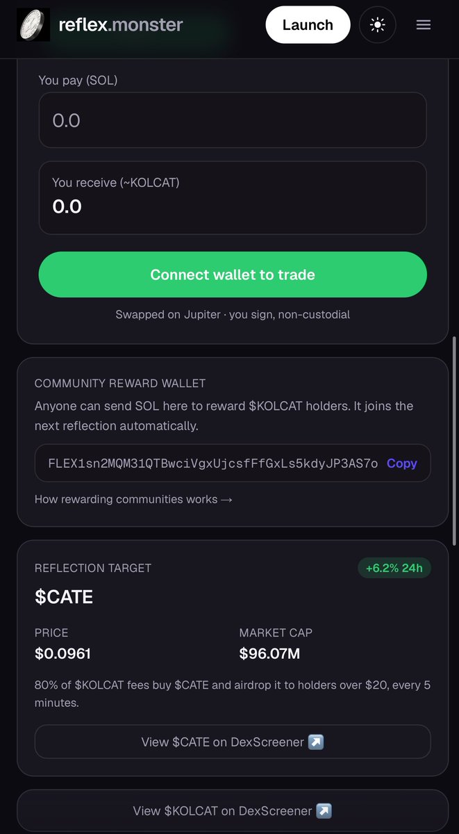 LaunchReflex's tweet photo. Community wallets are now live on the individual token pages. 

Users can deposit sol to increase rewards and accelerate distribution timelines for their favorite tokens. 

@KOLCatCoin holders in for a surprise soon https://t.co/1lLlUO6A90