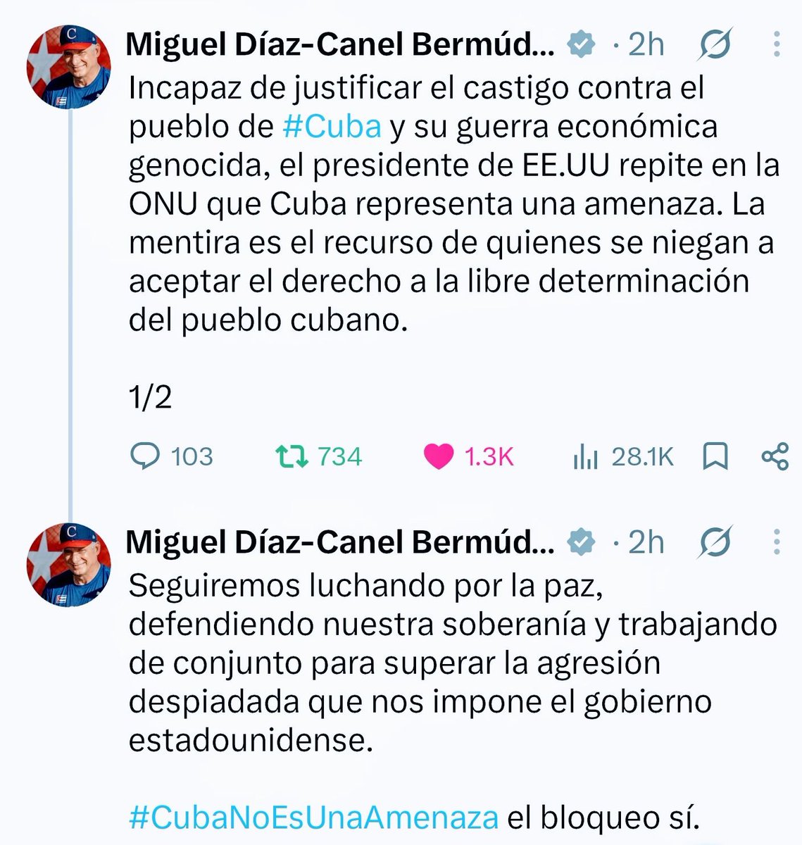 JosefinaVidalF's tweet photo. EEUU miente una y otra vez, con total desparpajo, ahora ante la comunidad internacional reunida en la Asamblea General de la @ONU_es. Pero no le creen, porque el mundo es testigo de que #Cuba🇨🇺 es un país de paz, de solidaridad, que no representa amenaza alguna para nadie. https://t.co/VXTCAfFjc1