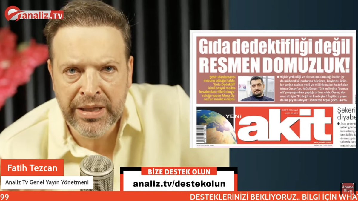Musaozsoy's tweet photo. Fatih Tezcan canlı yayında günlerdir Yeni Akit denen yayın organı tarafından halkı kin ve düşmanlığa sevk etmek üzere para karşılığı yapılan yayınlar ve provokasyon hakkında değerlendirme yapıyor.
https://t.co/I7ezwLRzro https://t.co/VXKvT7A008