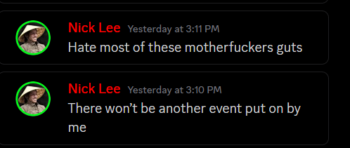 SonjaDutch's tweet photo. @GEWNZILLA @LoulzHQ Gewn, only God knows if Nick Lee keeps his promiss to not do another event. "Mthrfkrs guts" are the contestants btw. Good talk Nick KNEE/Scam Lee https://t.co/04jAGy4TBm