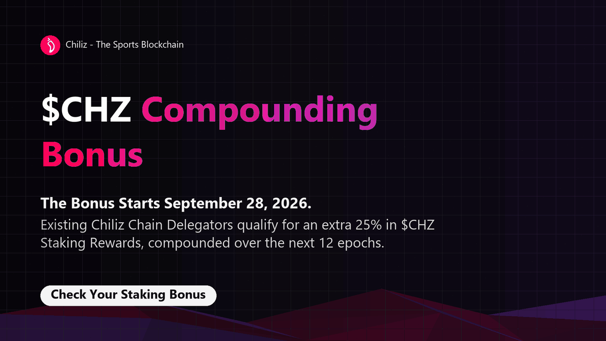 Chillangs's tweet photo. $CHZ Compounding Bonus Starts September 28, 2026.

Existing Chiliz Chain Delegators qualify for 25% extra $CHZ Staking Rewards, compounded for the next 12 epochs.
                                                                                               
Check Your Staking Bonus
https://t.co/l4ZQbM4jKG