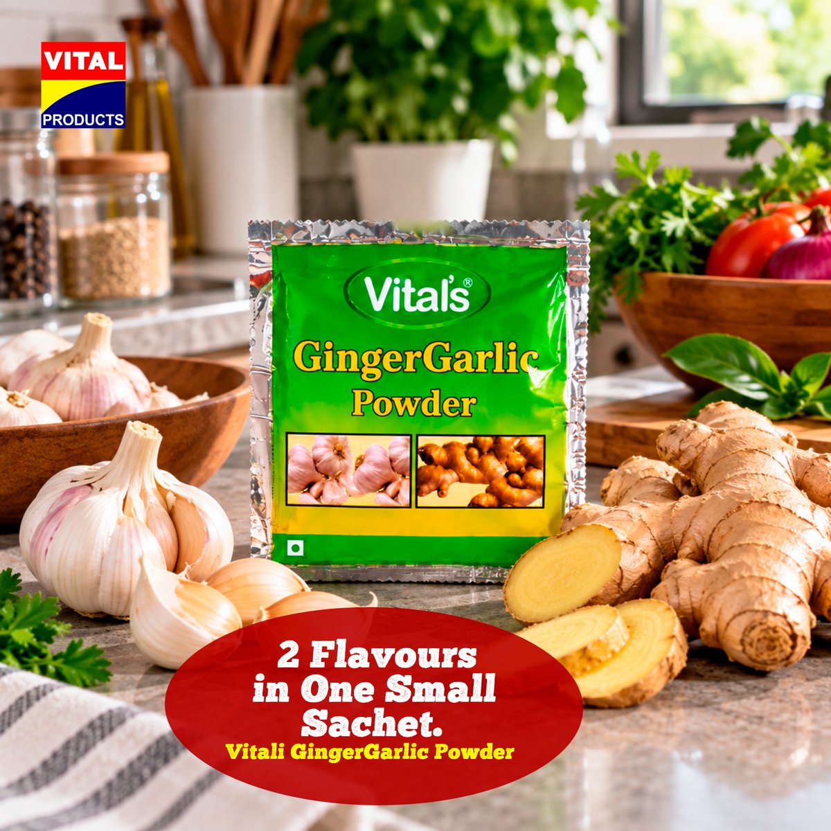 VProductsplc's tweet photo. 2 Flavours in one small sachet. 100% Organic Flavour without the stress of peeling, grating and more. All gained, nothing lost. 

#VitalProducts #VitaliGingerGarlic https://t.co/9l8o6IQ5qi