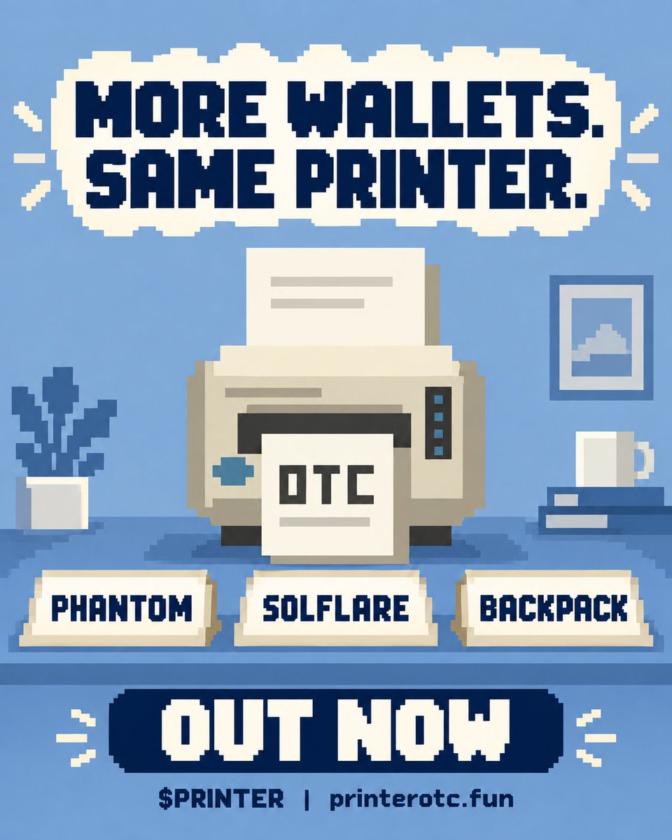 PrinterOTC's tweet photo. More wallets. Same solana:3e6to4qrHByU19Sij9DVKPB4AQD5RuyhH2Sj2ESLpump 🖨️

Solflare + Backpack are joining Phantom for minting and holder sign-in. 

Already on site: wallet lookup, PFP studio, NFT transfer tool, verified reward receipts + fresh memes.

solana:3e6to4qrHByU19Sij9DVKPB4AQD5RuyhH2Sj2ESLpump print solana:MukLDtJ8Cx9DxLbeyLRSWPSposTMWuwHANbuaudpump & solana:3e6to4qrHByU19Sij9DVKPB4AQD5RuyhH2Sj2ESLpump 4 holder

Mint price has increased from .1 SOL + 100k Printer

NEW PRICE

 .2 solana:So11111111111111111111111111111111111111112 + 100k solana:3e6to4qrHByU19Sij9DVKPB4AQD5RuyhH2Sj2ESLpump 

https://t.co/orpC6EAAru

https://t.co/8wjgaSovvd

https://t.co/zowNOptryS