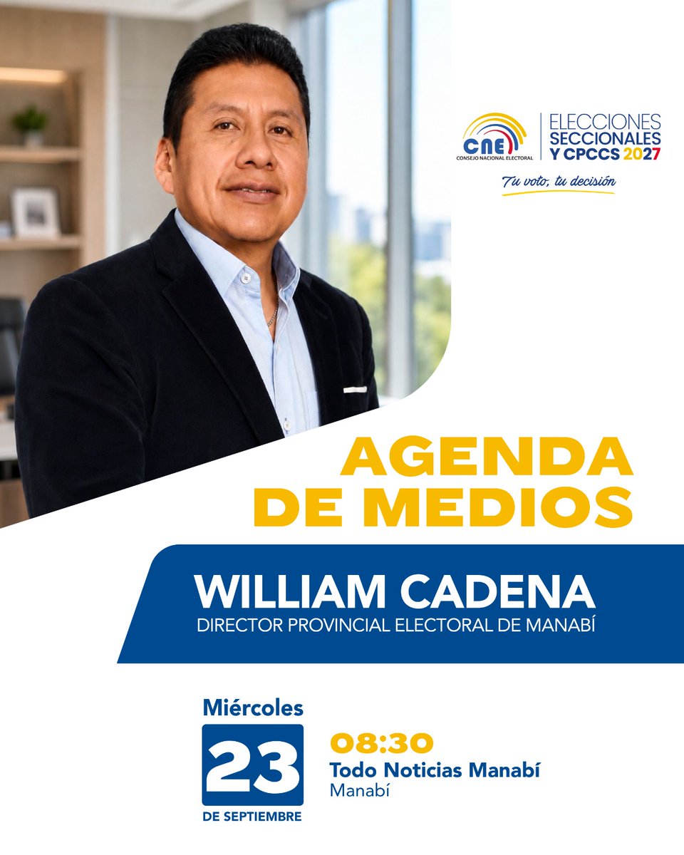 CNEManabi's tweet photo. 🎙️ | Nuestro director, #WilliamCadena, mantendrá una entrevista con #TodoNoticiasManabí, donde abordará temas relacionados con las acciones preparatorias para las #Elecciones2027Ec.

📻 ¡Sigue la entrevista y conoce los avances del proceso electoral en Manabí!

⏰ ¡Agéndalo! https://t.co/Yw6JwbwsZ5